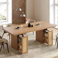 LIKIMIO 78.7' Farmhouse Dining Table for 6-8 People, Extra Thick Wood Top with 2 Hidden Adjustable Storage Drawers, Modern Woven Rattan Table for Dining Room, Kitchen, Living Room, Rustic White