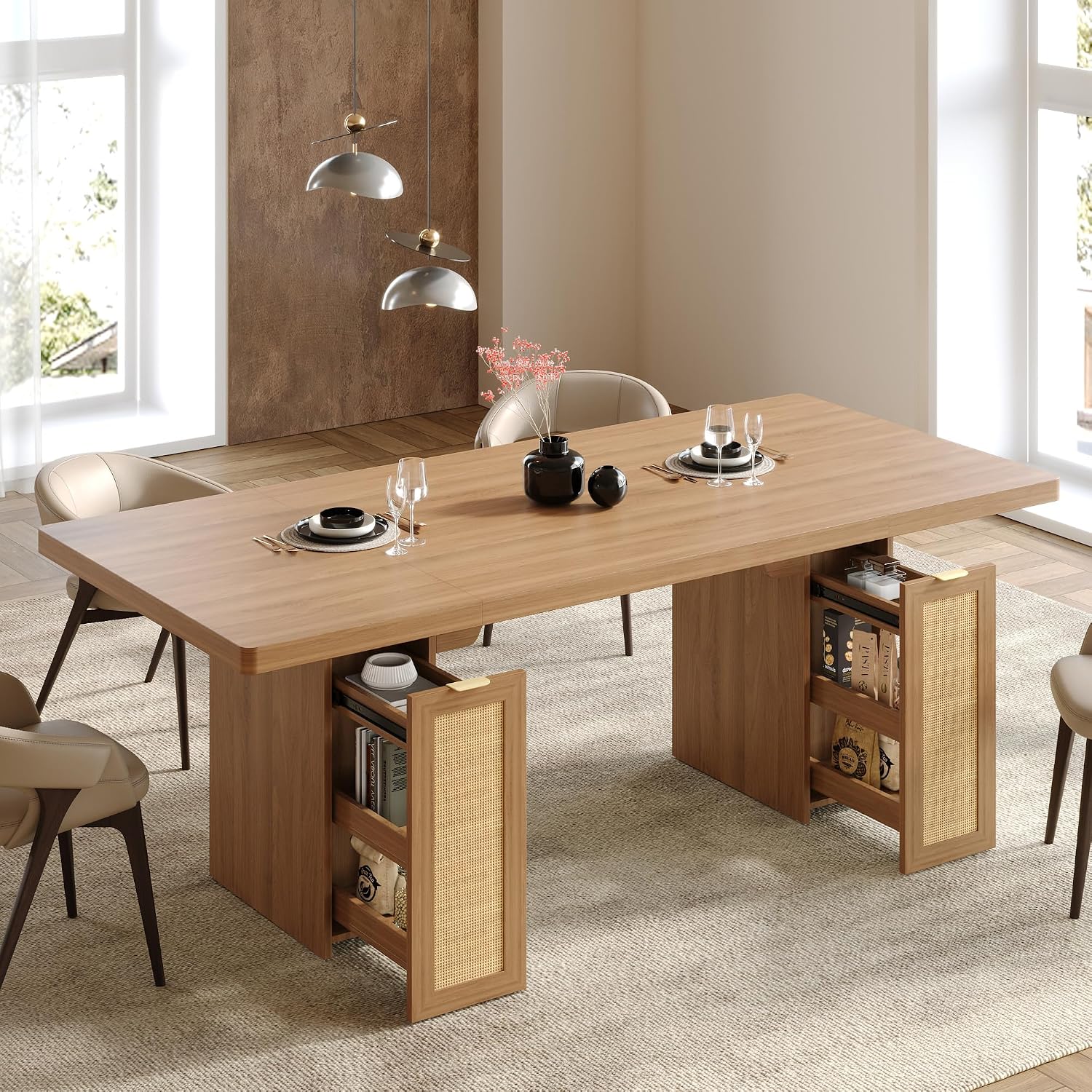 LIKIMIO 78.7' Farmhouse Dining Table for 6-8 People, Extra Thick Wood Top with 2 Hidden Adjustable Storage Drawers, Modern Woven Rattan Table for Dining Room, Kitchen, Living Room, Rustic White
