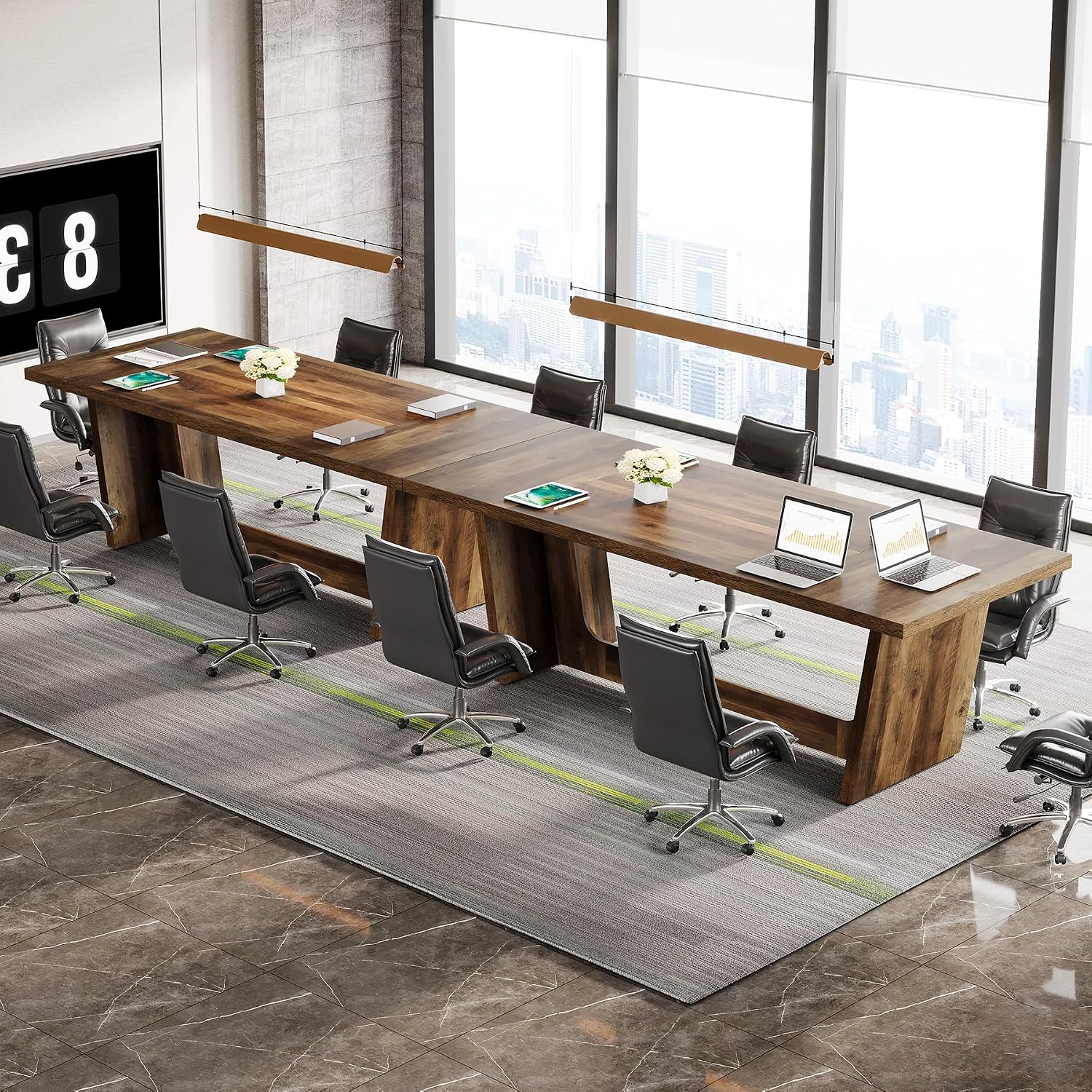 Tribesigns 12FT Conference Table, Modern Meeting Seminar Table for 12-14 Person, Rectangular Solid Executive Business Furniture Boardroom Desk for Office,(Set of 2, Dark Brown)