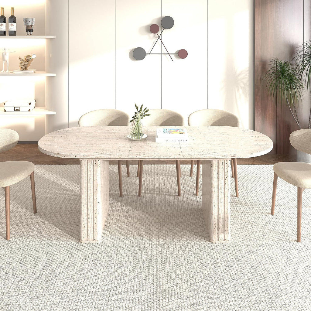 78.74' Extendable Dining Table for 4-8 People,Oval Travertine Inspired Kitchen Table with Wooden Strip Base for Family Living Room,Beige