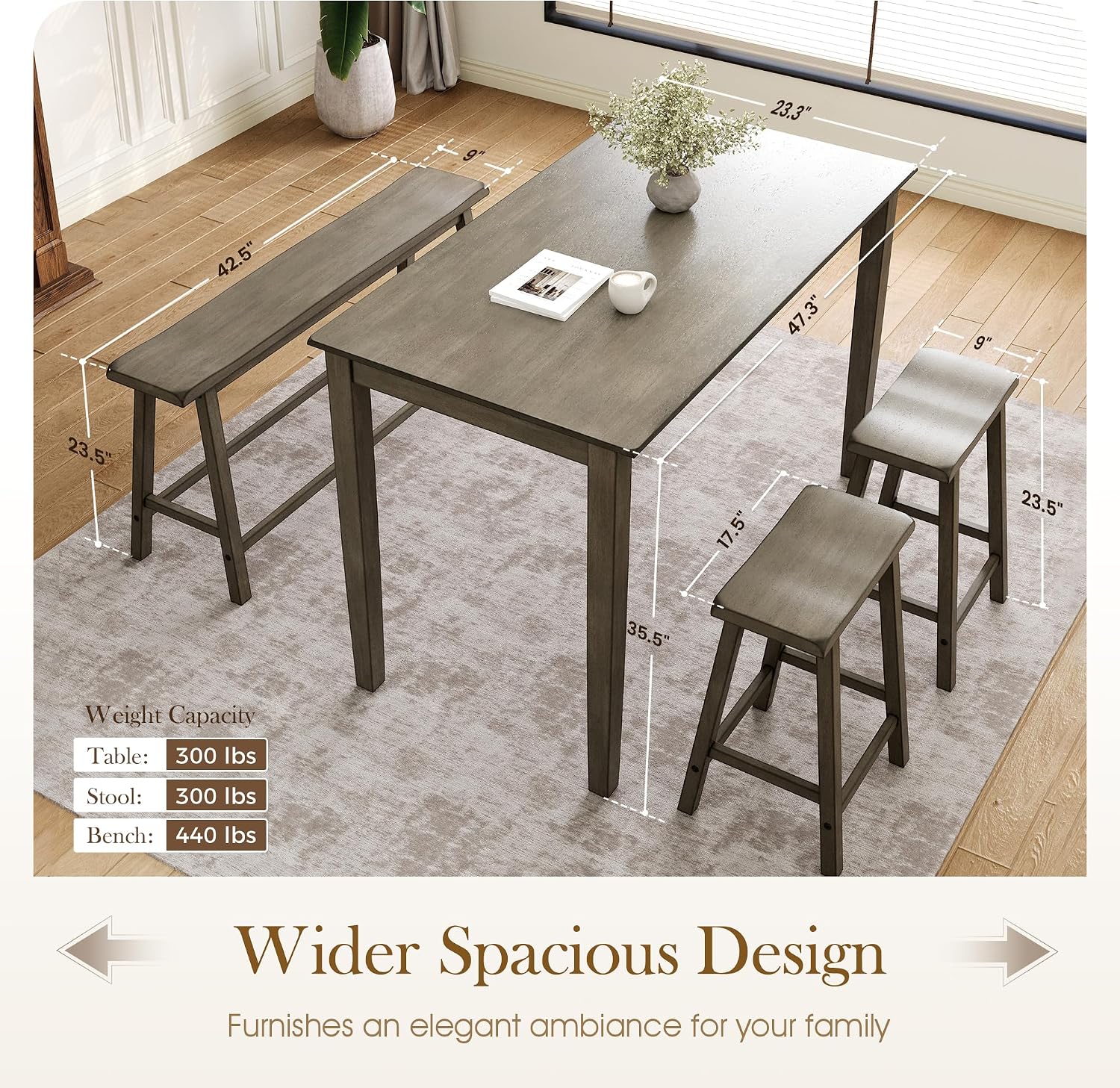 Sophia & William Dining Table Set for 4, Counter Height Table and Chairs, Kitchen Table Set with Bench and 2 Chairs, Small Breakfast Bar Dining Set, Smoky Brown