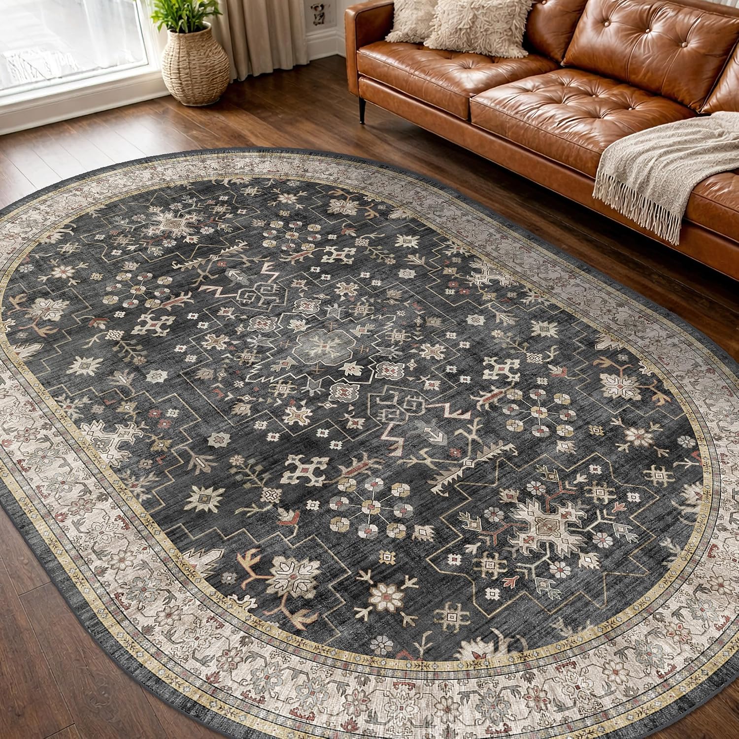 Boho Black Oval Area Rug 6x9 for Living Room, Vintage Washable Large Area Rug for Dining Room, Low Pile Non-Slip Rugs for Bedroom, Office - Charming Farmhouse Decor & Stain Resistant (6x9 Black/Multi)