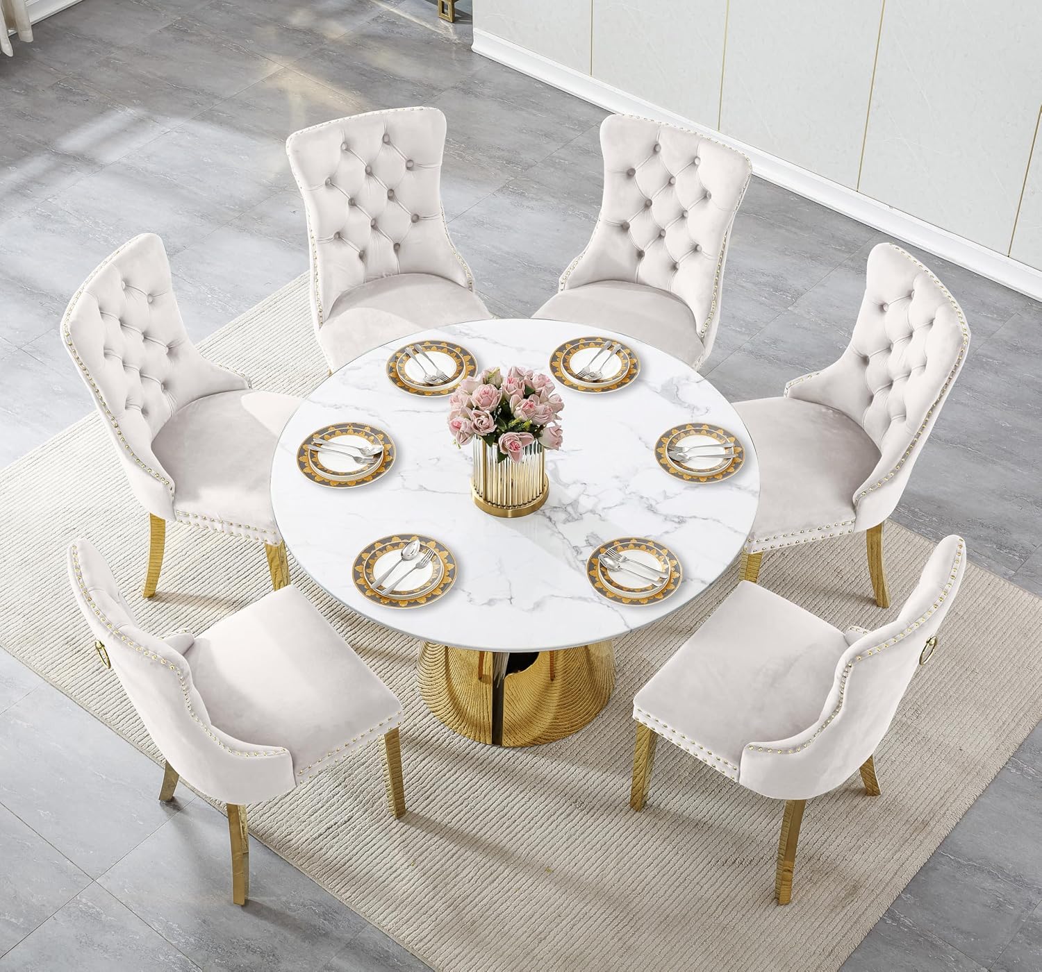 45 inch Round Dining Table for 4 to 6, Modern Circle Dining Table with White Faux Marble Tabletop & Golden Cylindrical Base, Small Kitchen Dining Room Table for Breakfast Dinette Dinner Dinning Room