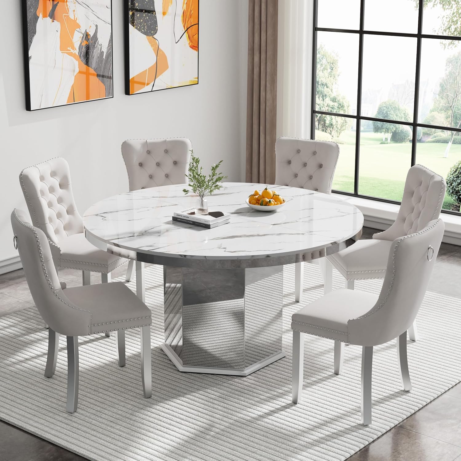 7 Pieces 47'-63' White Faux Marble Extendable Dining Table Set, Round Expanding Kitchen and Dining Room Table Set for 6 with Mirrored Acrylic Base & Beige Velvet Upholstered Chairs