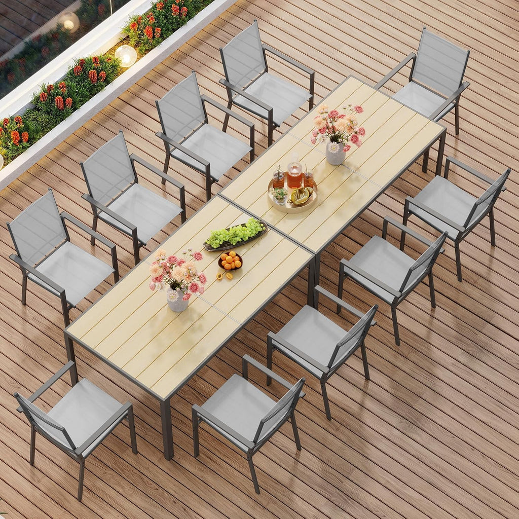 Ahomly Patio Table and Chairs Set for 6, Outdoor Dining Set Includes 59.5' Rectangle Patio Table with Side Umbrella Hole and 6 Textilene Fabric Patio Chairs for Courtyard, Backyard, Pool, Grey&Brown