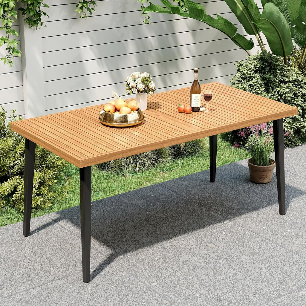 HAPPYGRILL Acacia Wood Outdoor Dining Table 63', 4-6 Person Rectangular Patio Table with Umbrella Hole and Solid Metal Frame, for Garden, Poolside, Backyard and Deck