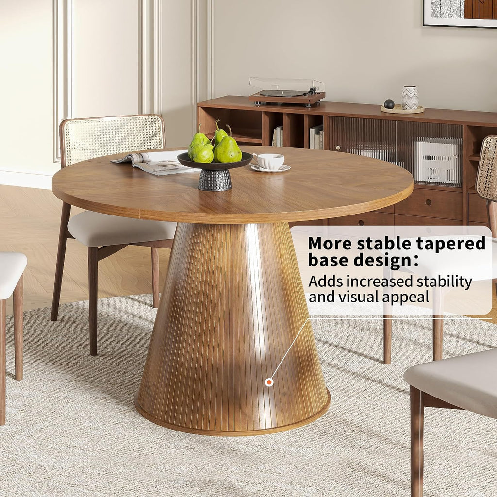 47 inch Round Dining Table for 4-6, Circle Kitchen Table with Sturdy Tapered Base, Mid Century Modern Fluted Dining Tables for Dining Room, Kitchen, Living Room (Walnut, 47inch)