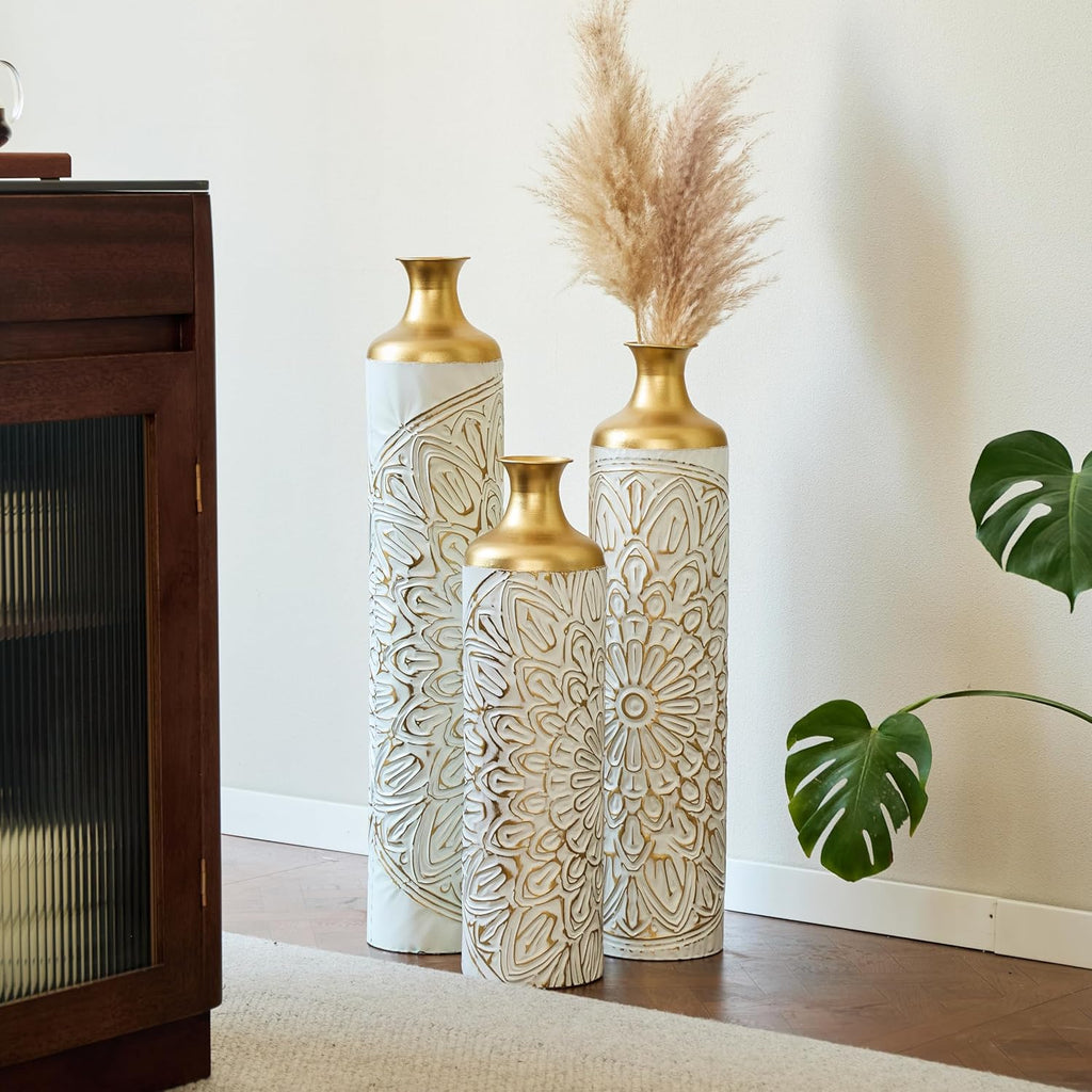 Modern White Metal Floor Vases Set of 3 – Tall Droplet-Shaped Decorative Vases for Home, Large Glazed Metal Vases for Living Room, Entryway, Wedding, Event or Floral Arrangement Décor