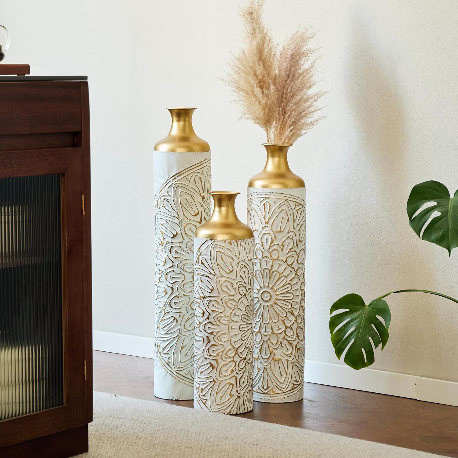 Modern White Metal Floor Vases Set of 3 – Tall Droplet-Shaped Decorative Vases for Home, Large Glazed Metal Vases for Living Room, Entryway, Wedding, Event or Floral Arrangement Décor
