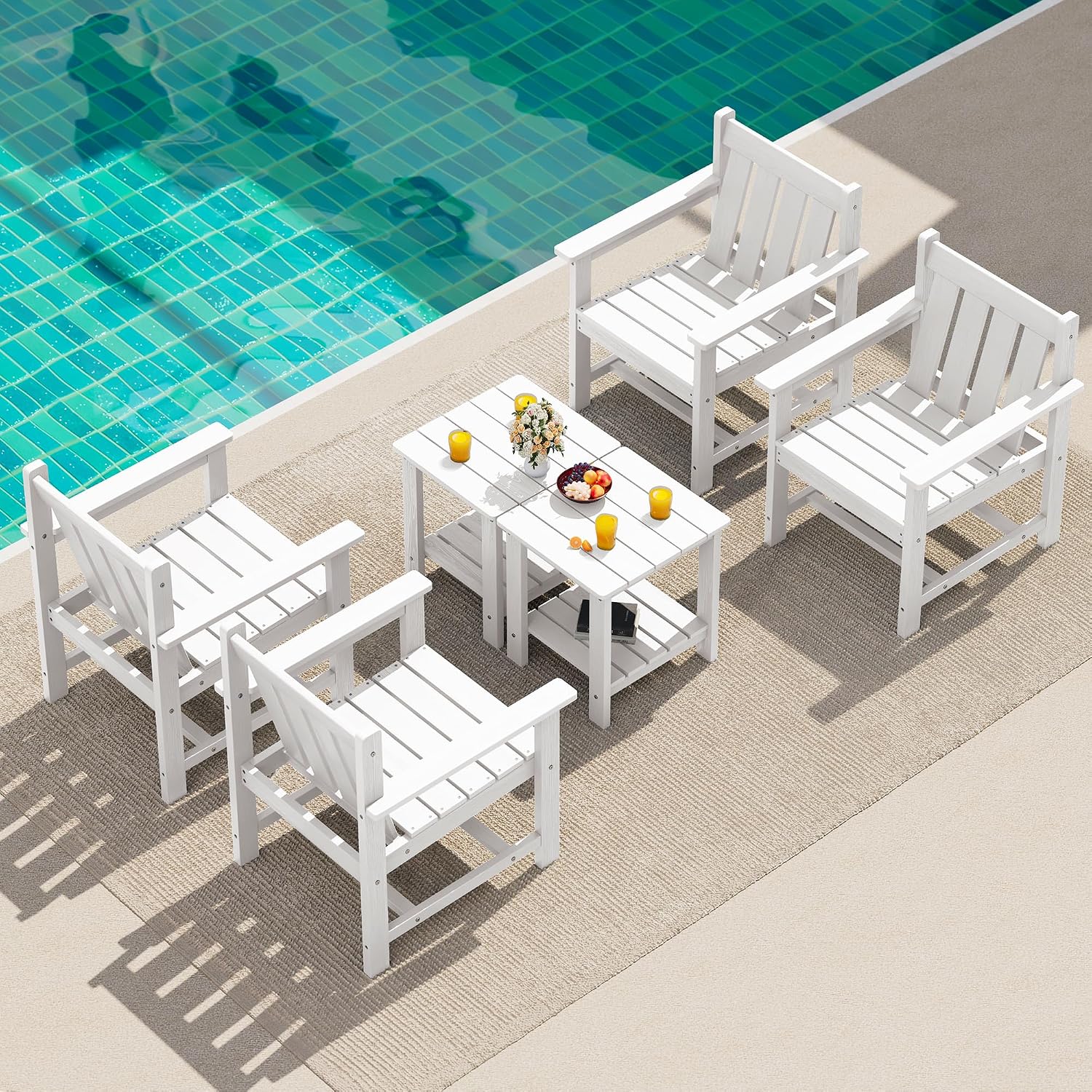SEWRWALL 3 Pieces Patio Bistro Set, All Weather Adirondack Chair Set with Side Table, HDPE Material Outdoor Patio Furniture Set for Balcony, Porch, Garden, Backyard- White