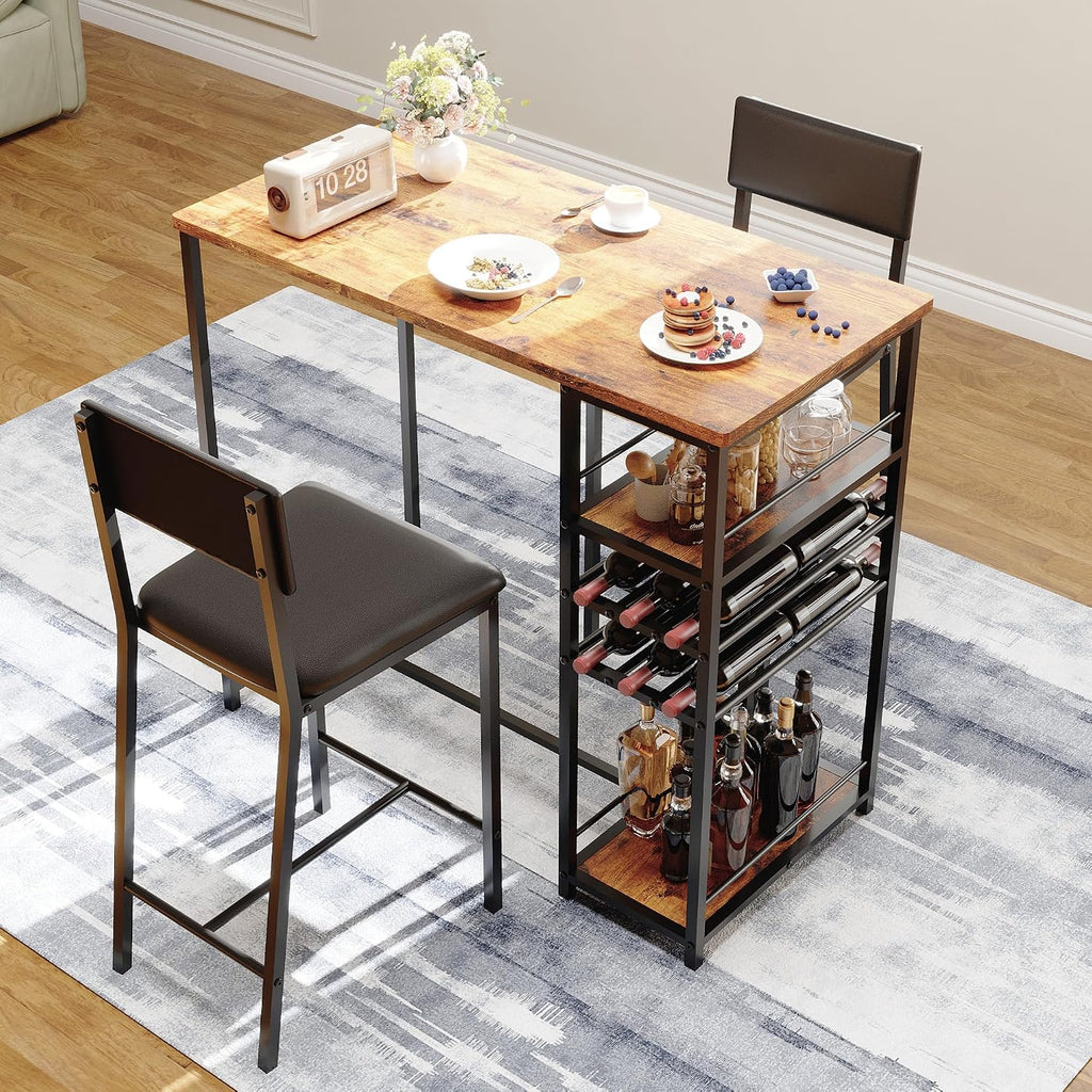 Dining Table Set for 2, Counter Height Table with 2 Upholstered Chairs and Storage Shelves, Bistro Table and Chair Set of 2, Kitchen Table Set for Small Space (Brown Table and 2 Upholstered Chairs)