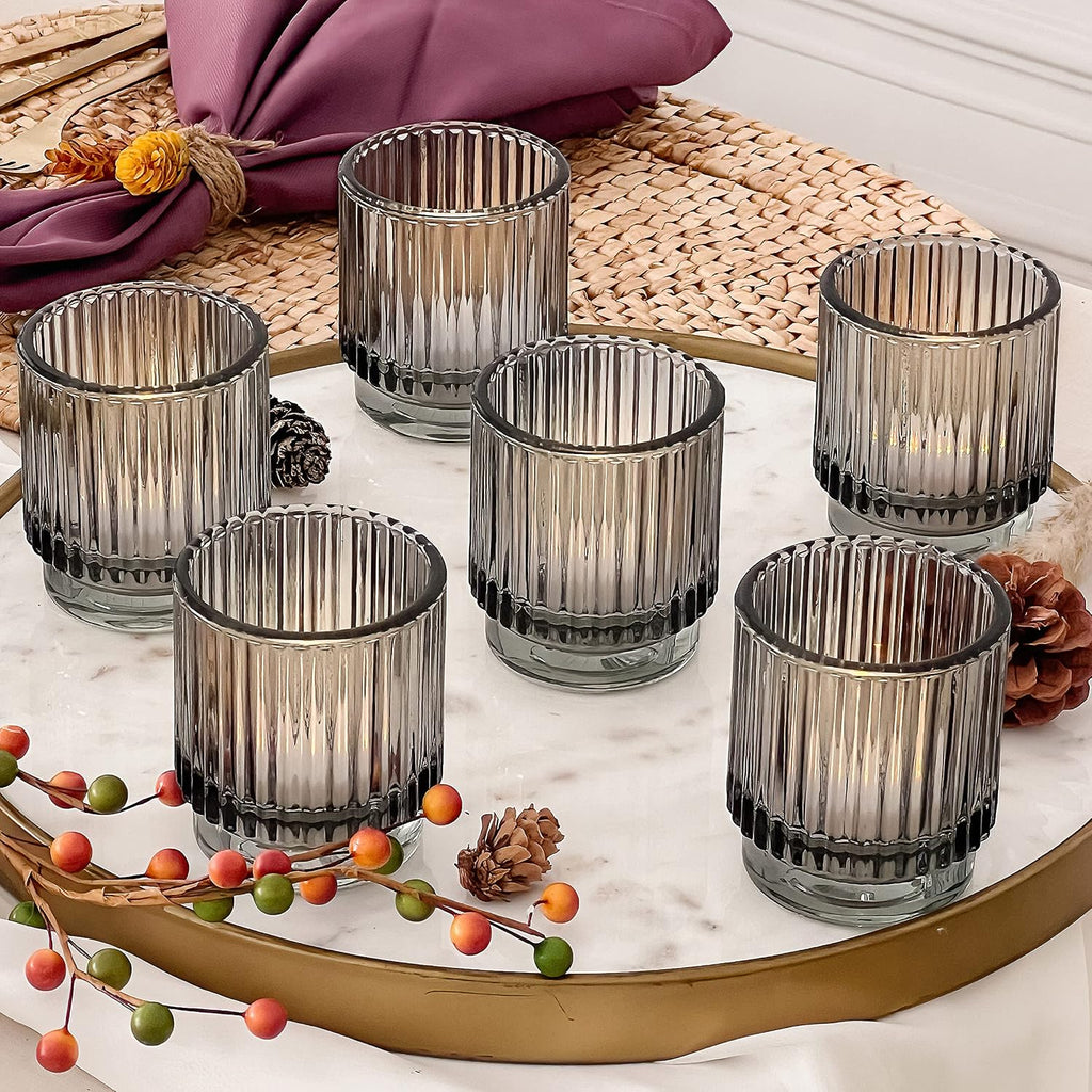 Kate Aspen Ribbed Glass Candle Holder Set - 6 Smoke Gray Tealight Holders for Home, Kitchen, Room or Living Room Decor - Vintage Tea Light Votive Accent for Table or Shelf Styling (Pack of 6)