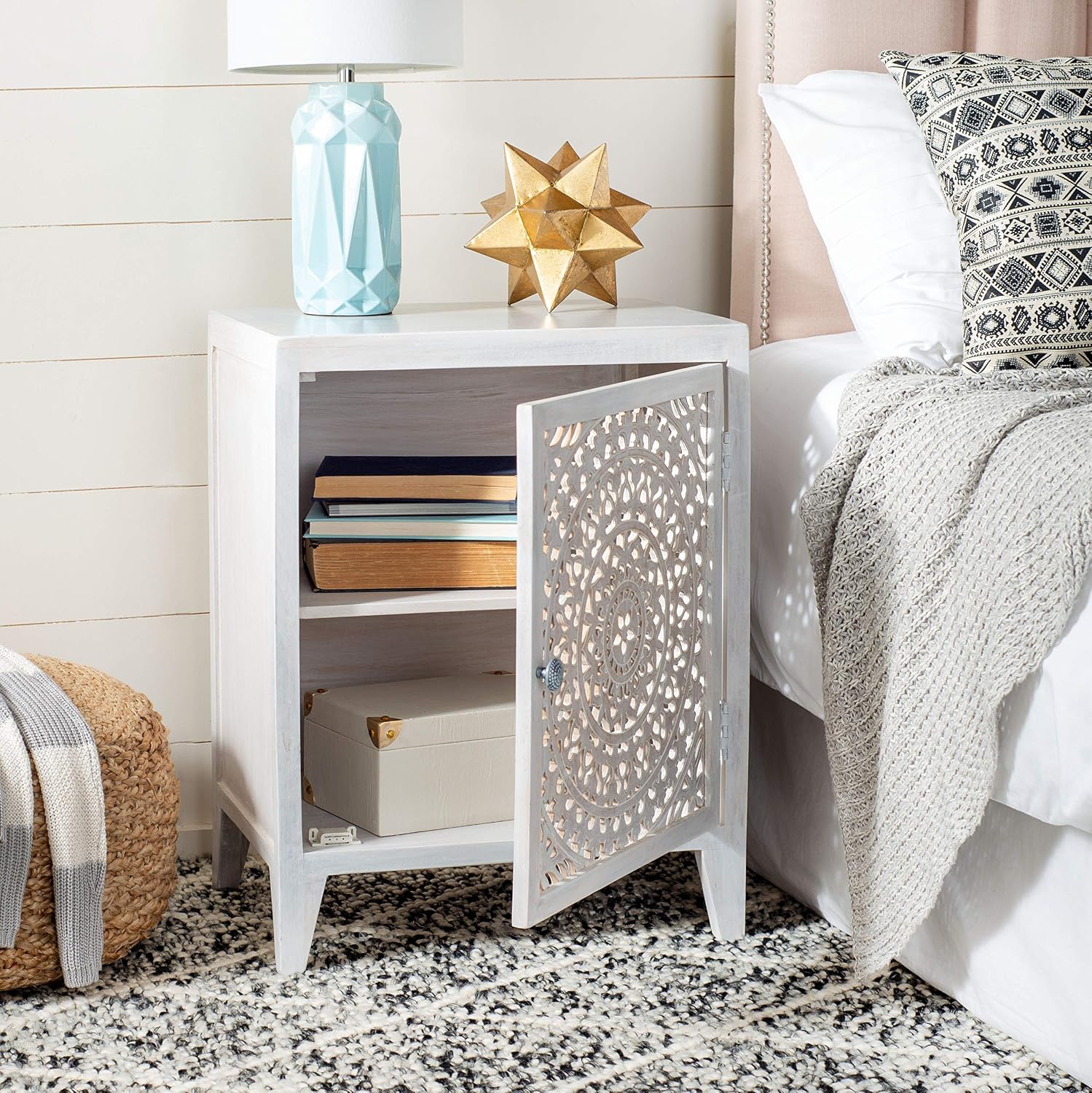 SAFAVIEH Furniture - Thea 1-Door Carved Nightstand - White Washed - Mango Wood - Artisan Global Design - Ideal for Bedroom, 20'W x 14'D x 26'H - Fully Assembled (NST5300C)