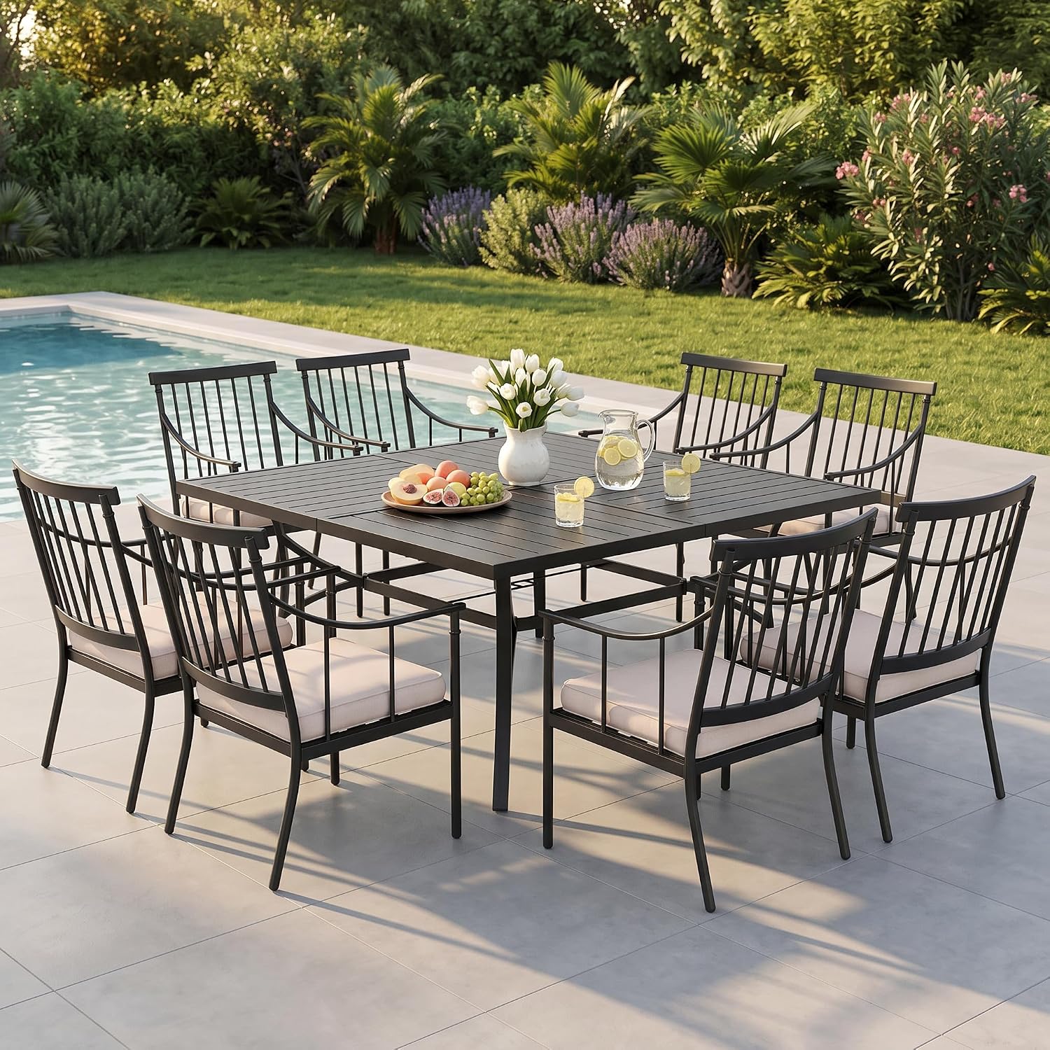 PHI VILLA Large Outdoor Square Dining Table for 8, 57.5' Metal Steel Slat Table with Umbrella Hole, Weather-Resistant Dining Fruniture for Patio, Deck, Backyard, Porch - Black