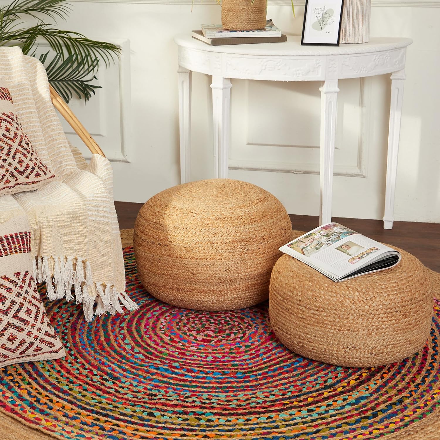 · REDEARTH · Jute Circular Pouf Ottoman - Braided Pouffe Accent Sitting Round Footrest for Living Room, Bedroom, Nursery, kidsroom, Patio, Gym; 100% Jute Set of 2 (19.5'X19.5'X14'; Jute Natural)