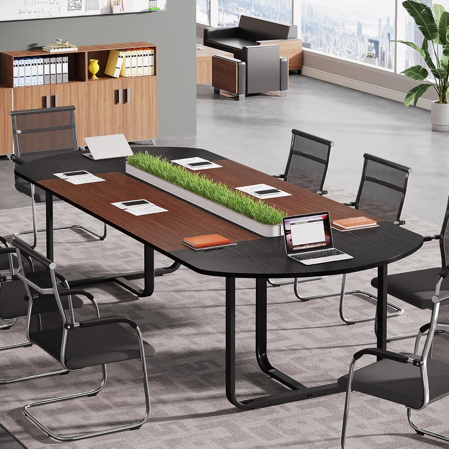 Tribesigns 6FT Conference Table, Large Conference Room Table, Modern Oval Shaped Meeting Table for Seminar, Office Meeting Walnut & Black