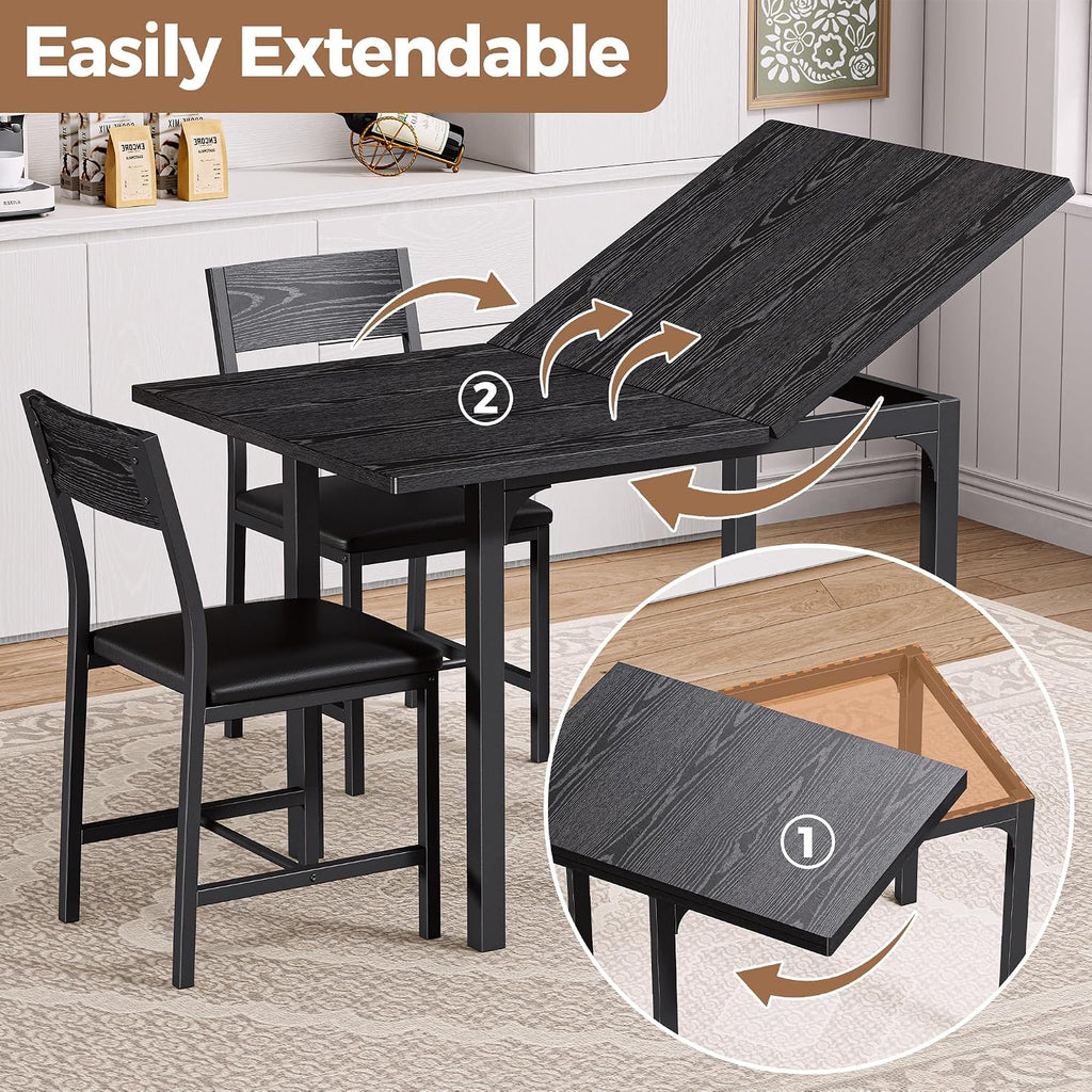 IRONCK 5-Piece Dining Table Set for 4, Extendable Kitchen Table Chairs Set of 4, Dining Room Table with 4 Upholstered Chairs, Folding for Small Space, Apartment, Black