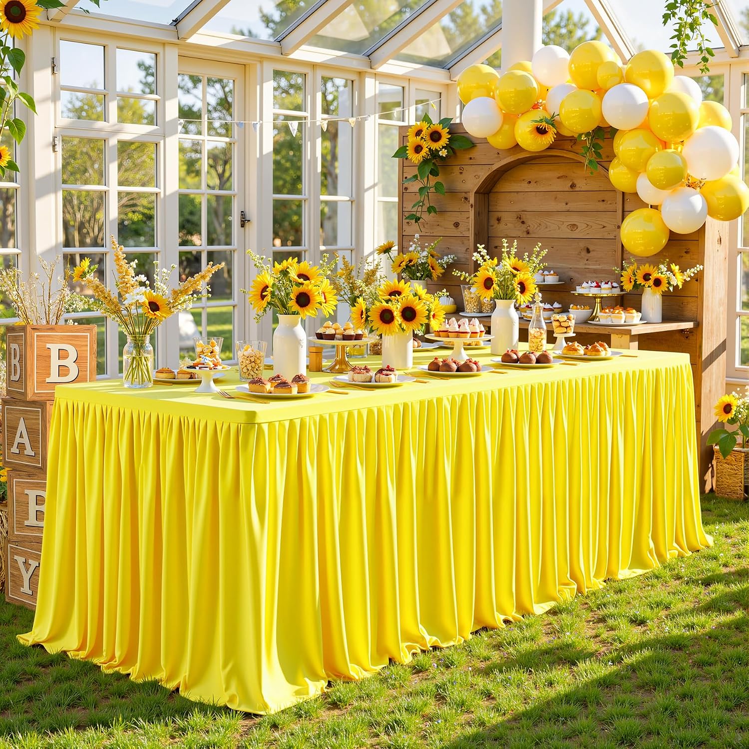 6 Pack Yellow Tablecloths for Rectangle Tables 6ft, Wrinkle Resistant Spandex Table Cover Fitted Stretch Table Cloth with Pleated Ruffle Skirts for Party Banquet Dining Birthday Wedding