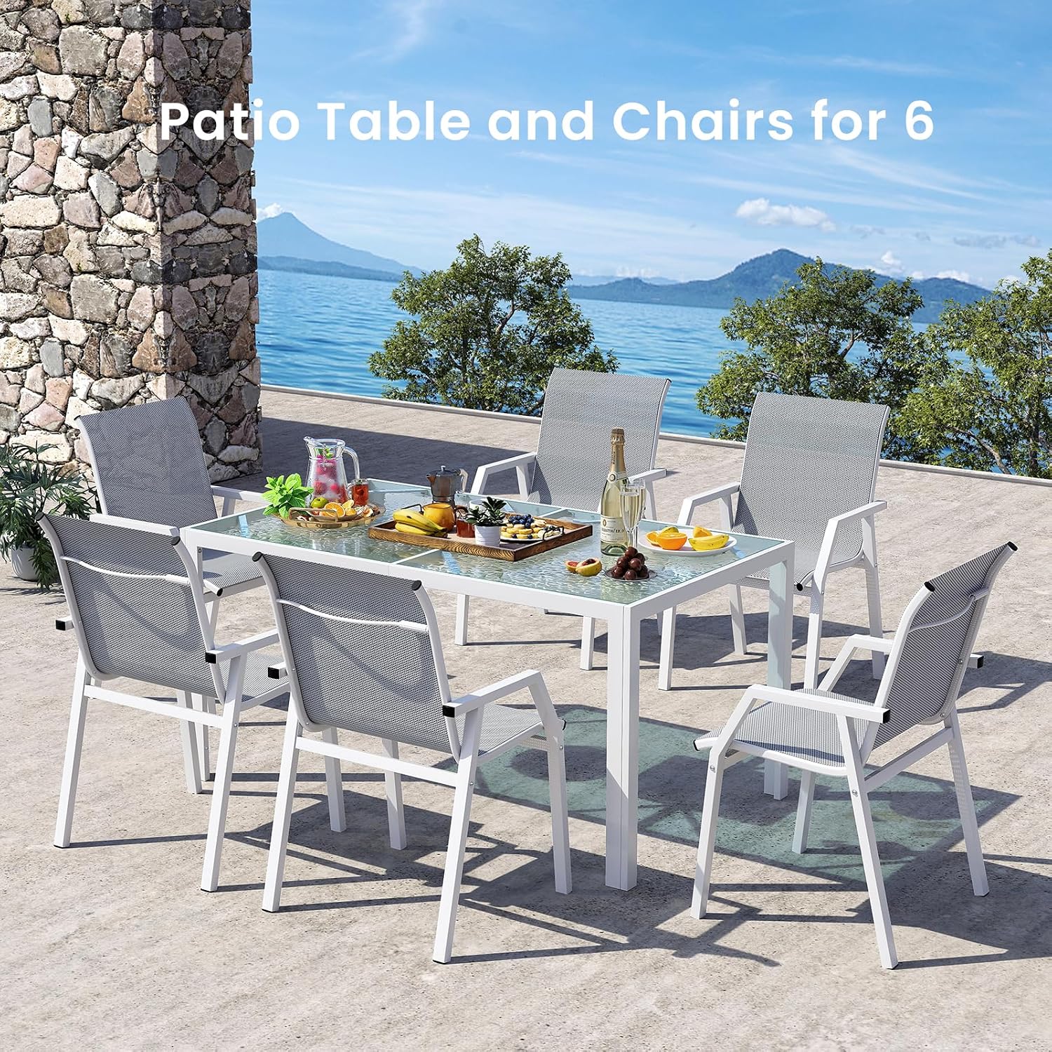 Jocoevol 7 Piece Patio Dining Sets for 6, Outdoor Table and Chairs Set with 59in Patio Dining Table and 6pcs Textilene Chairs, All Weather Furniture Set for Backyard Deck Garden