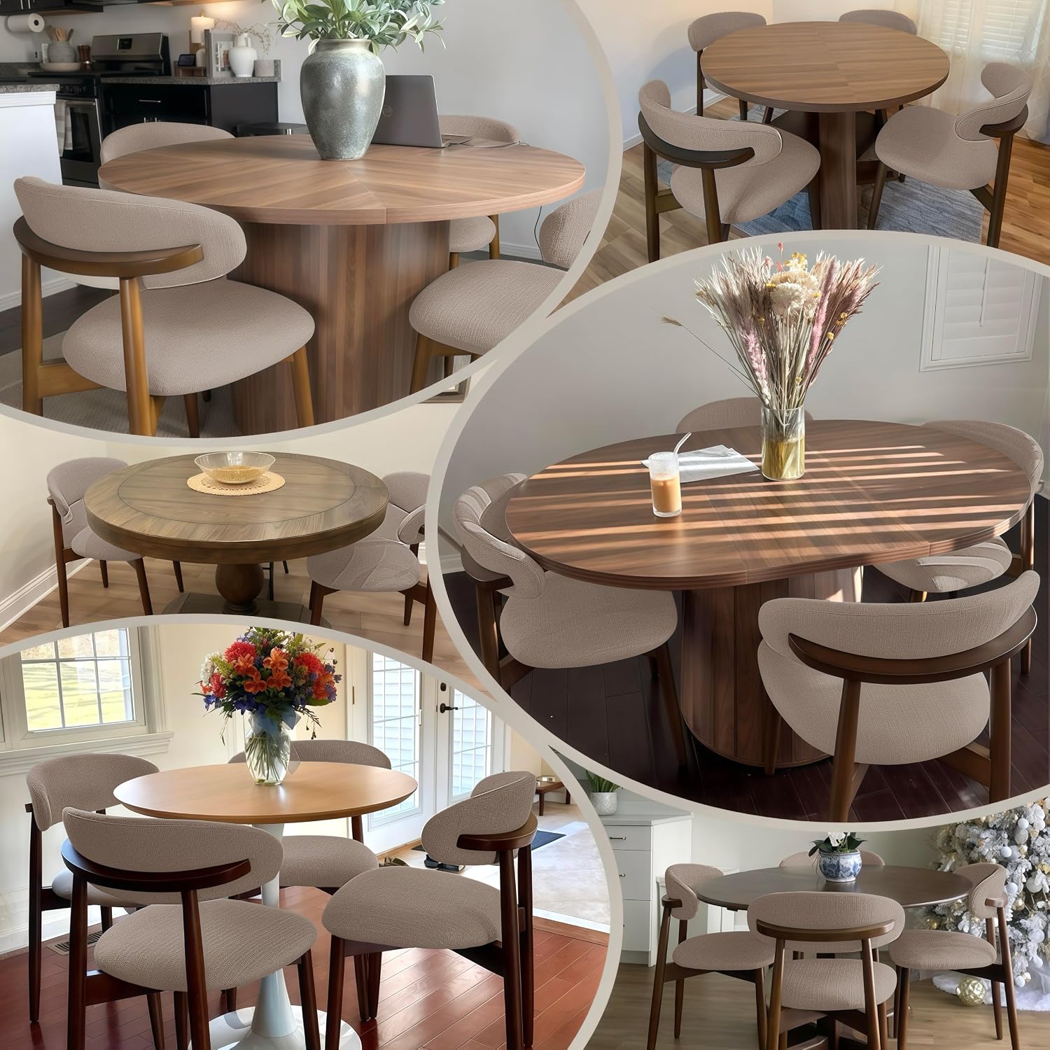 COLAMY Wooden Dining Chairs Set of 6, Modern Fabric Upholstered Kitchen Side Chairs, Farmhouse Dining Room Chair with Foot Pegs, Camel