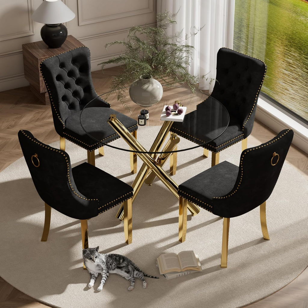 5 Pieces Gold Round Glass Dining Table Set, Modern Luxury Circle Kitchen Set for 4, 36'' Clear Minimalist Circular Glass Top Dinner Room Set, Black High-end Tufted Chairs, for Small Place