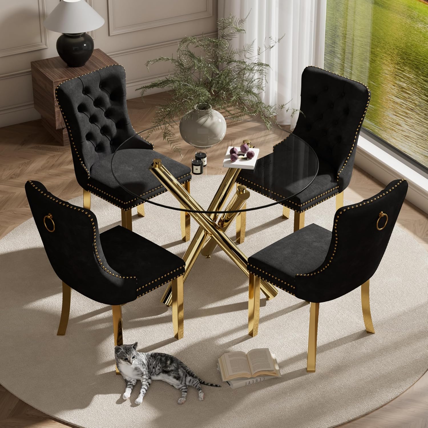 5 Pieces Gold Round Glass Dining Table Set, Modern Luxury Circle Kitchen Set for 4, 36'' Clear Minimalist Circular Glass Top Dinner Room Set, Black High-end Tufted Chairs, for Small Place