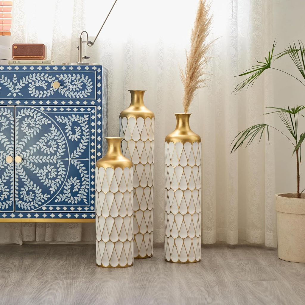 Decorative Floor Vases Set of 3, White and Gold Floral Pattern, Tall Ceramic Standing Vases for Home Decor (Gold+White Balloon)