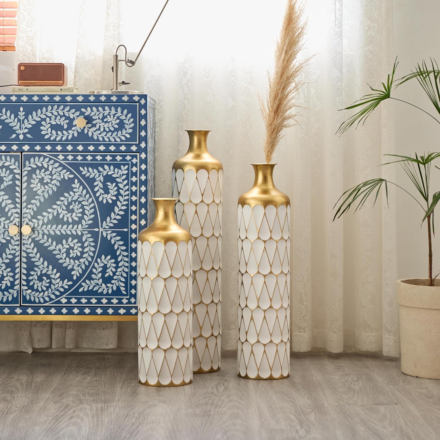 Decorative Floor Vases Set of 3, White and Gold Floral Pattern, Tall Ceramic Standing Vases for Home Decor (Gold+White Balloon)