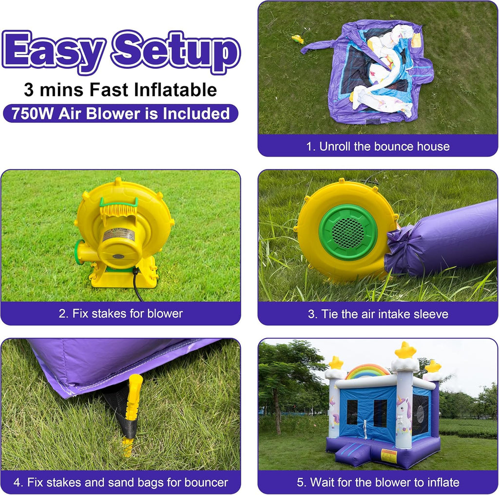 Inflatable Commercial Grade Bounce House: 13FT(L) Large Bouncy Castle for Adults and Teenagers- 750W Blower, Basketball Hoop, Premium PVC, Rainbow Style - for Backyard Outdoor Indoor