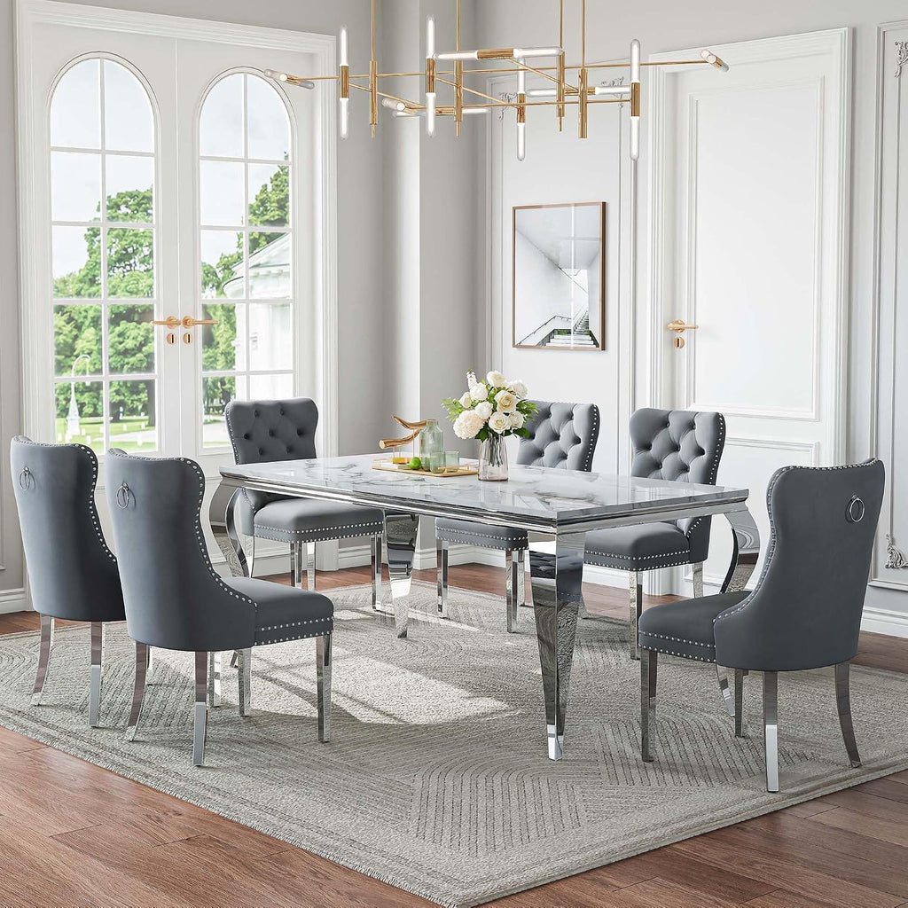Marble Dining Table Set for 6,70' White Faux Marble Kitchen Table and Velvet Chairs for 6,7 Piece Luxury Dining Room Table Set and 6 Grey Tufted Dinning Chairs with Silver Stainless Steel Legs