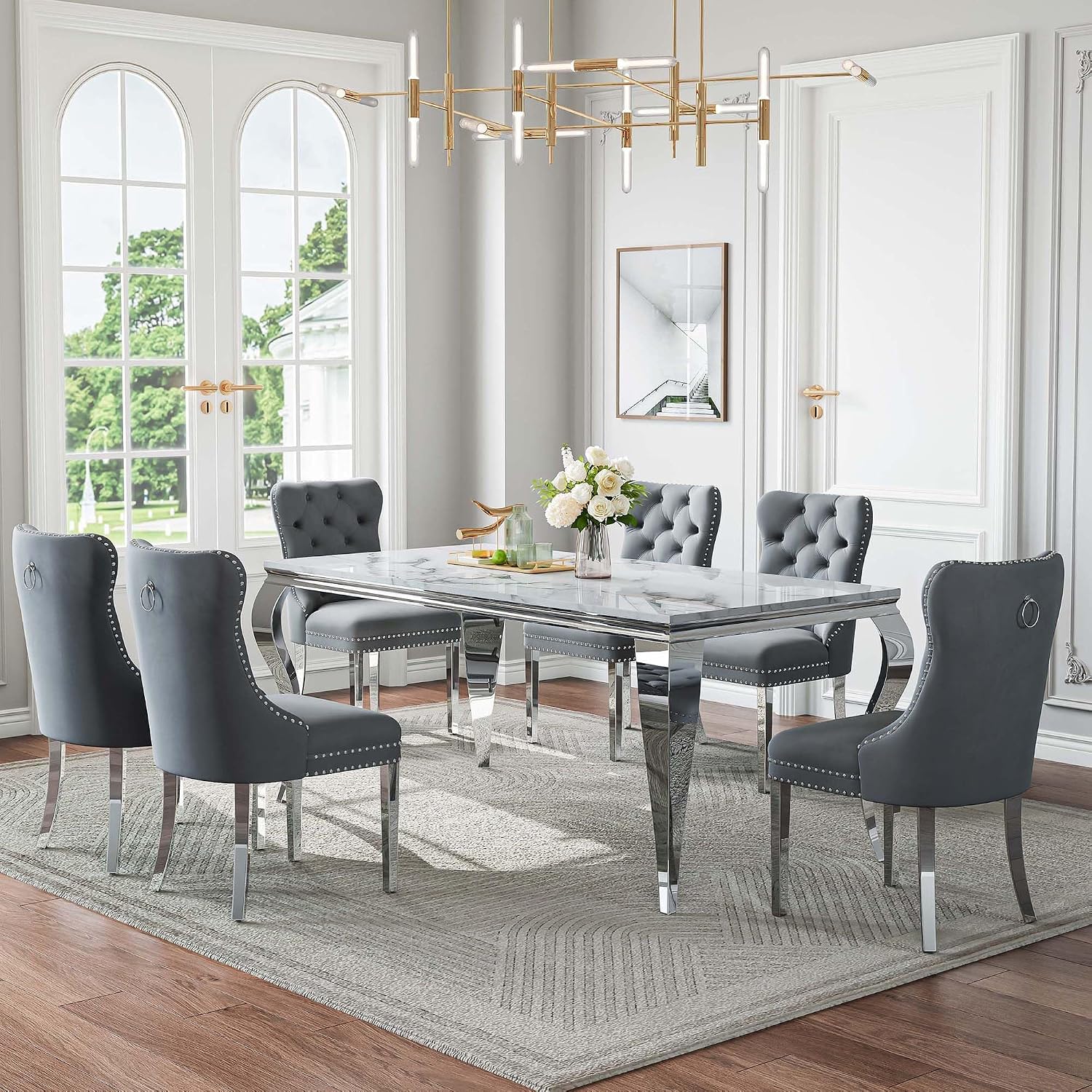 Marble Dining Table Set for 6,70' White Faux Marble Kitchen Table and Velvet Chairs for 6,7 Piece Luxury Dining Room Table Set and 6 Grey Tufted Dinning Chairs with Silver Stainless Steel Legs