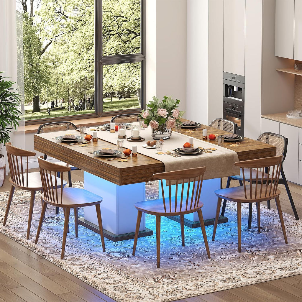 Dining Table with Drawers for 4-6 People, 55 Inches Dinner Table with Led Lights Wooden Pedestal Base, Rectangular Kitchen Table for Kitchen, Living Room, White& Rustic Brown