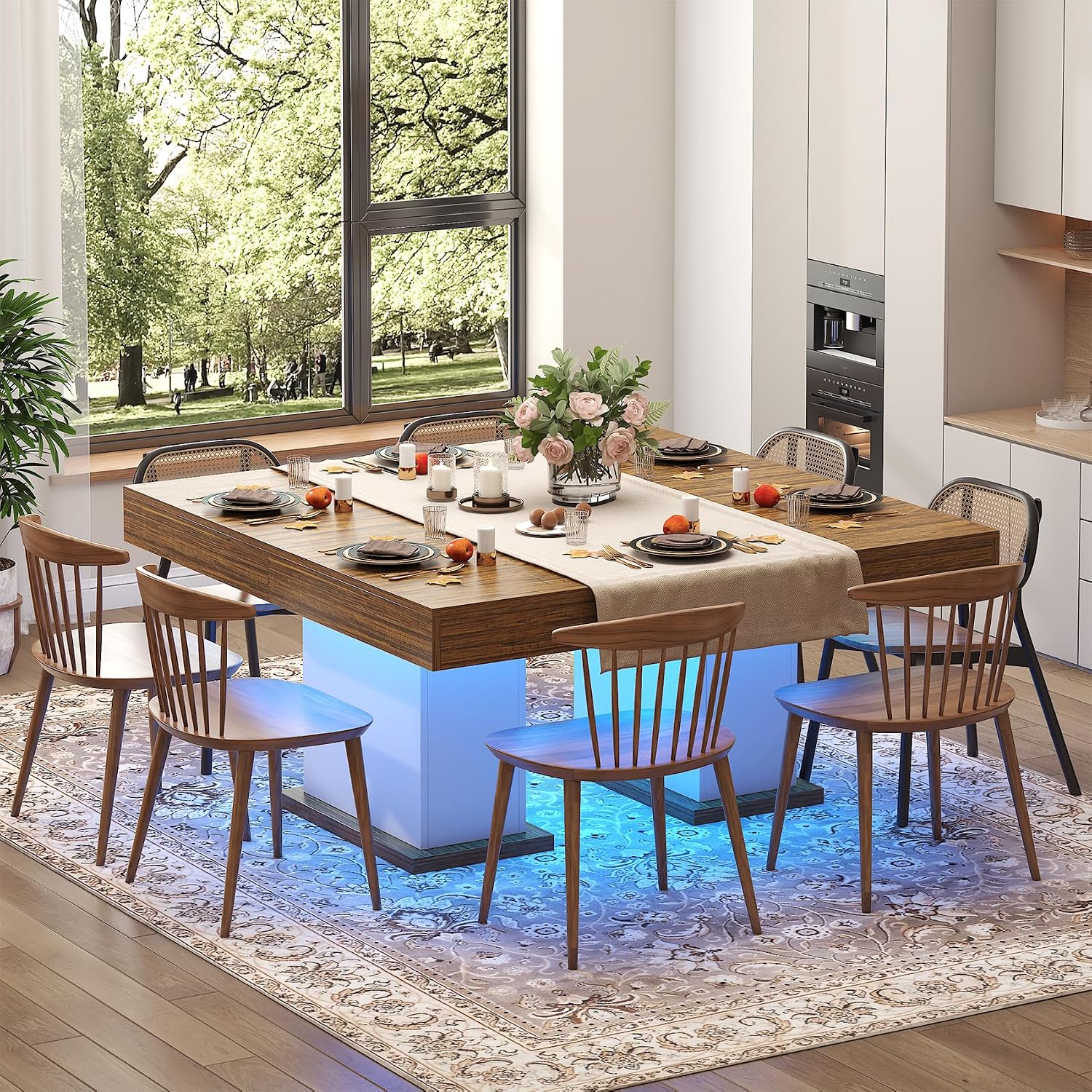 Dining Table with Drawers for 4-6 People, 55 Inches Dinner Table with Led Lights Wooden Pedestal Base, Rectangular Kitchen Table for Kitchen, Living Room, White& Rustic Brown