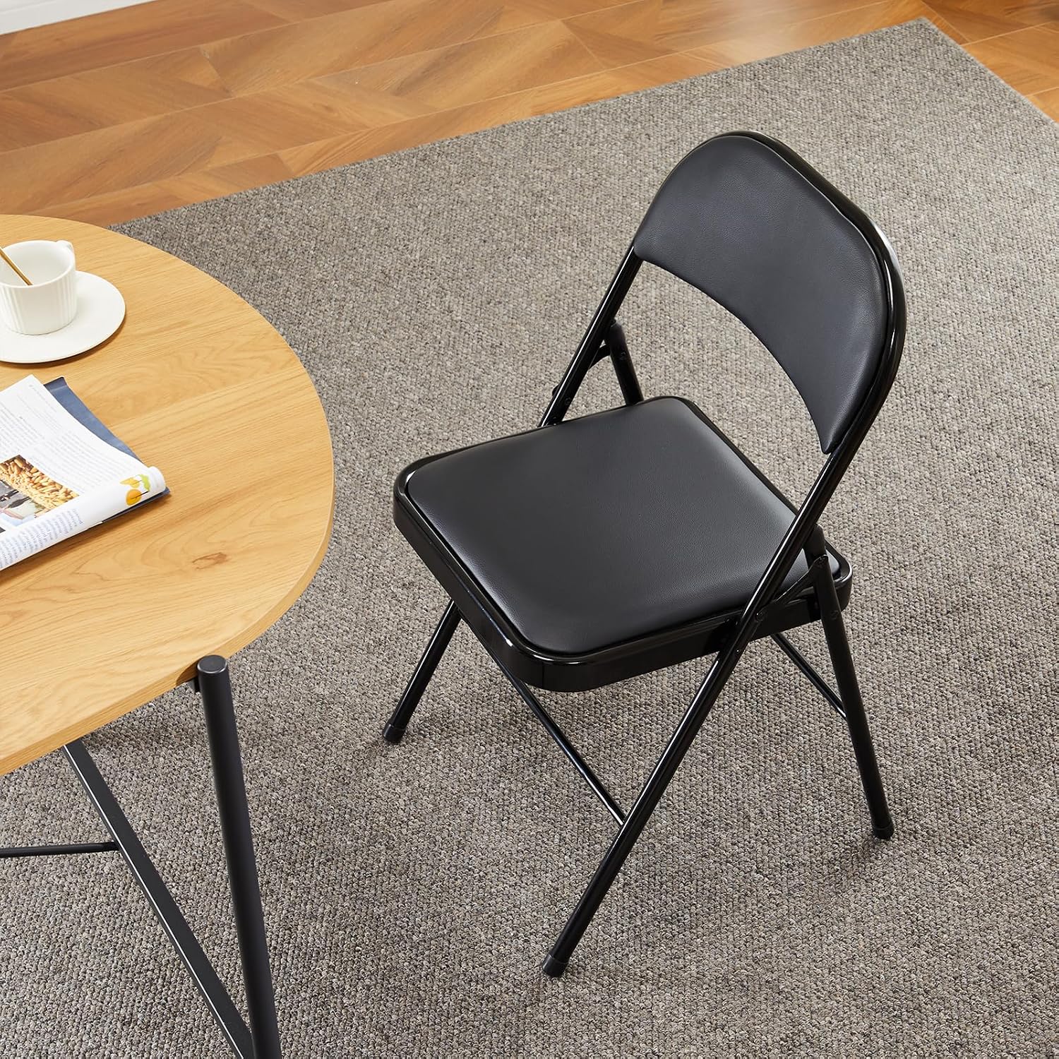 DUMOS 6 Pack Leather Padded Folding Chair, Indoor Outdoor Portable Stackable Commercial Seat with Steel Frame, Capacity for Home, Office, Party, Comfy, Black