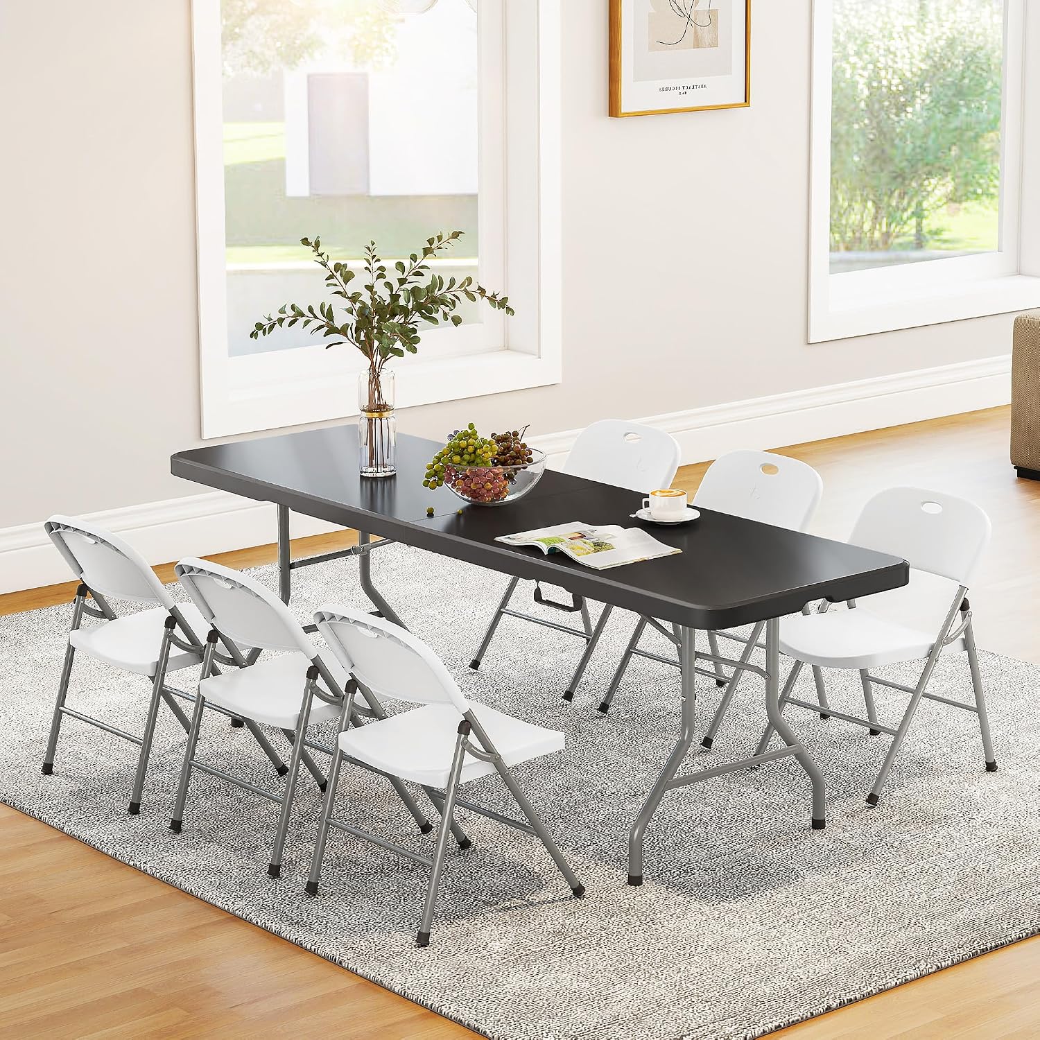 RUIE 8 Foot Folding Table with Carrying Handle, HDPE Foldable Table Indoor Outdoor Heavy Duty Portable Plastic Table, Folding Tables for Picnic Camping Party, Black
