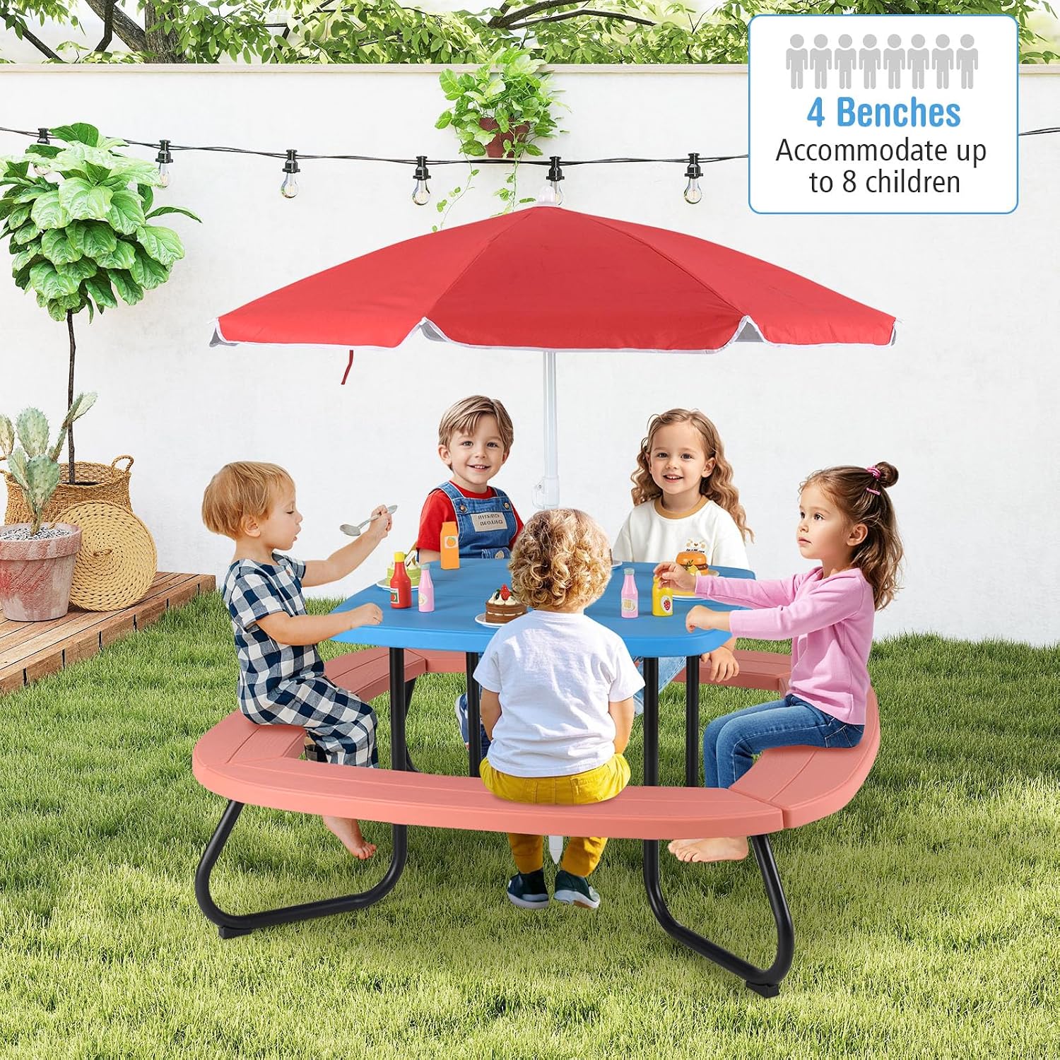 HONEY JOY Kids Picnic Table, 8 Person Toddler Outdoor Table and Chair Set, 4 Built-in Benches, Removable Umbrella, Metal Frame & HDPE Top, Children Outdoor Furniture for Backyard Patio Garden (Red)