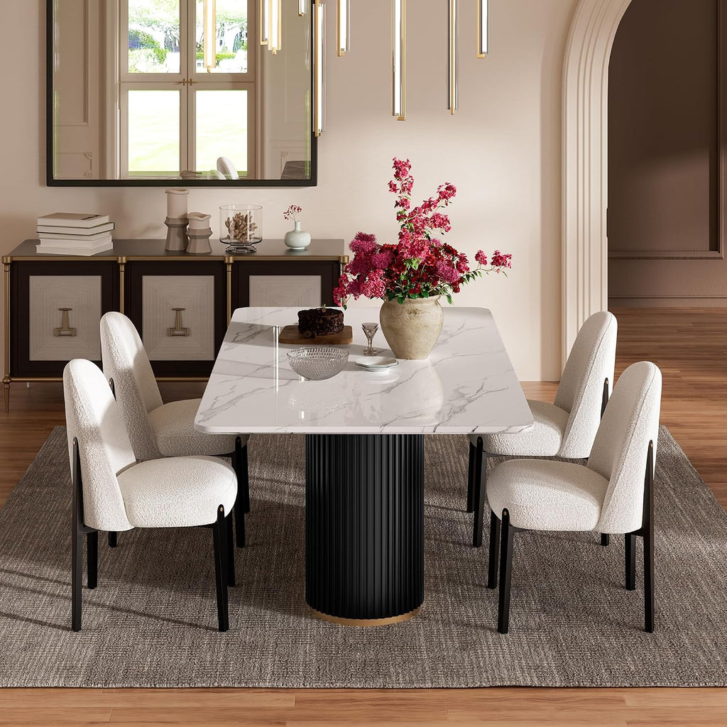 Morden Fort Marble Dining Table for 6, 70' Modern Dining Table with Black Fluted Base and White Faux Marble Top, Kitchen Table with Gold Trim for Ktichen, Reception and Conference