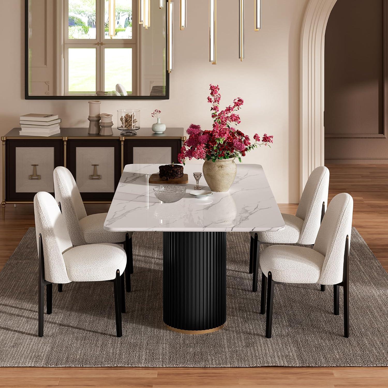 Morden Fort Marble Dining Table for 6, 70' Modern Dining Table with Black Fluted Base and White Faux Marble Top, Kitchen Table with Gold Trim for Ktichen, Reception and Conference