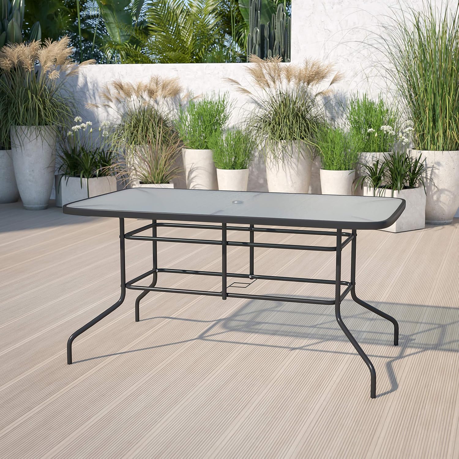 Flash Furniture Tory 31.5' x 55' Rectangular Tempered Glass Metal Patio Table with Umbrella Hole, Modern Rippled Glass Outdoor Dining Table, Black