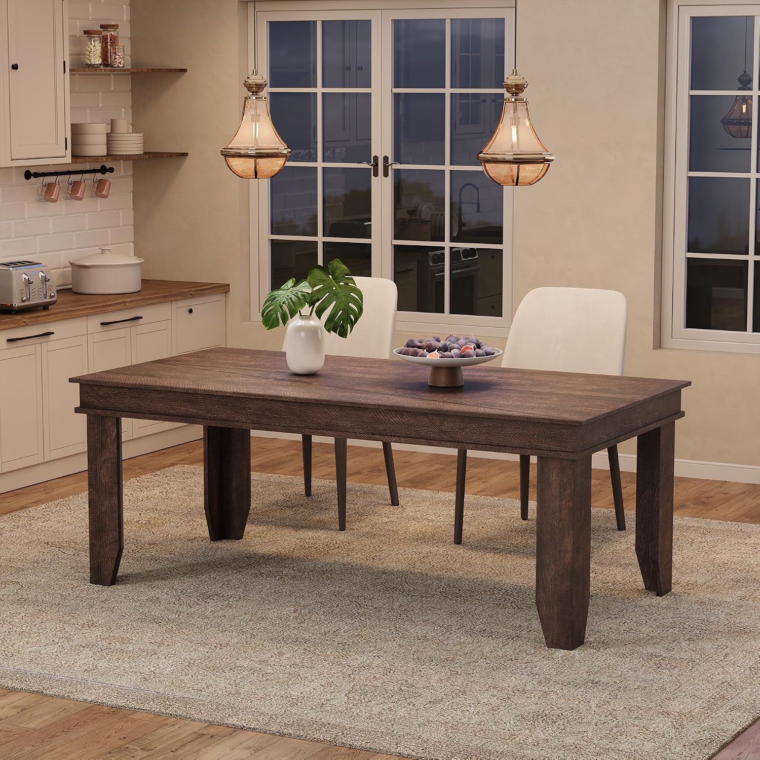 GarveeHome Farmhouse Dining Table for 6-8 People, 71 in Long Kitchen Tables with Wooden Sturdy Frame, 6 ft Large Rectangular Dinner Table for Dining Room, Kitchen, Dark Walnut, 71' Non-extendable