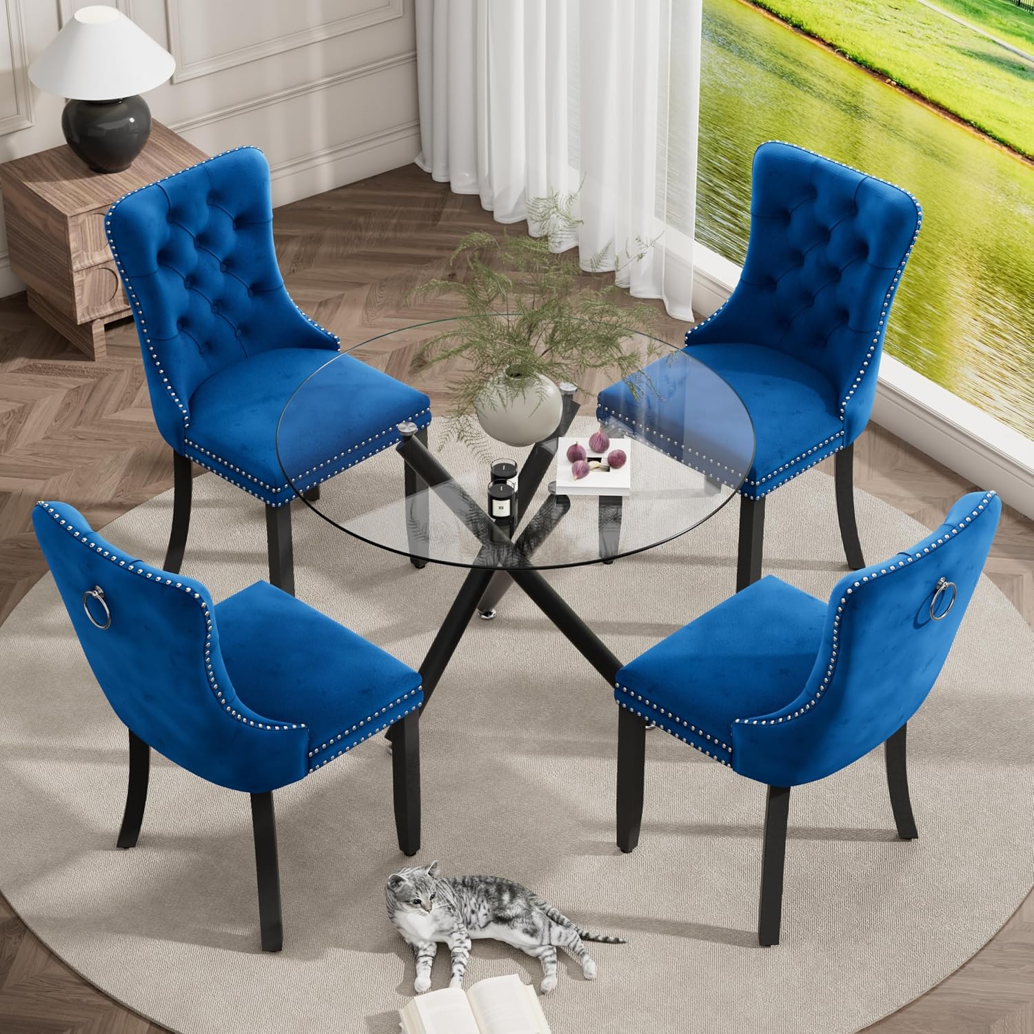 Modern Luxury Round Glass Dining Set for 4, 5 Pcs Small Minimalist Circle Kitchen Table Set, 36'' Clear Circular Glass Top Dinner Room Set, Blue High-end Tufted Chairs, for Apartment (Black)