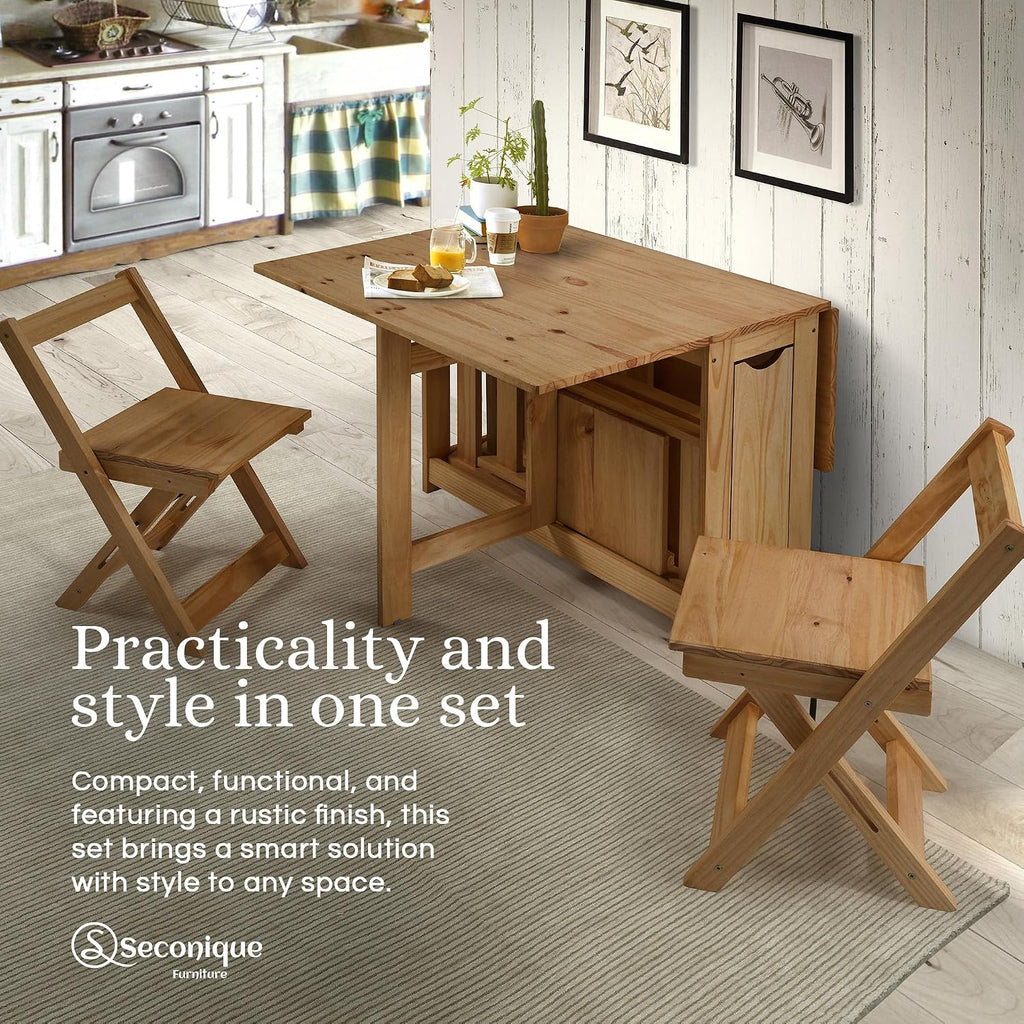 SECONIQUE Santos Butterfly Folding Dining Table Set with 4 Chairs – Space-Saving Table with Nesting Chairs and Storage Shelf – Rustic Pine Finish