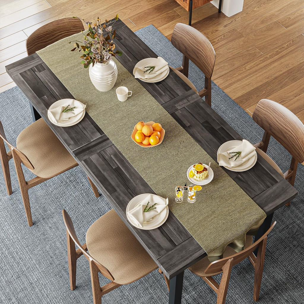 OFIKA Dining Table for 6-8 People, 70' Acacia Wood Rustic Rectangular Dinner Table with Metal Frame, Sandblast Finish, Natural Stained, Indoor Outdoor Kitchen Dining Room Table Large 70x33.2x30 inch