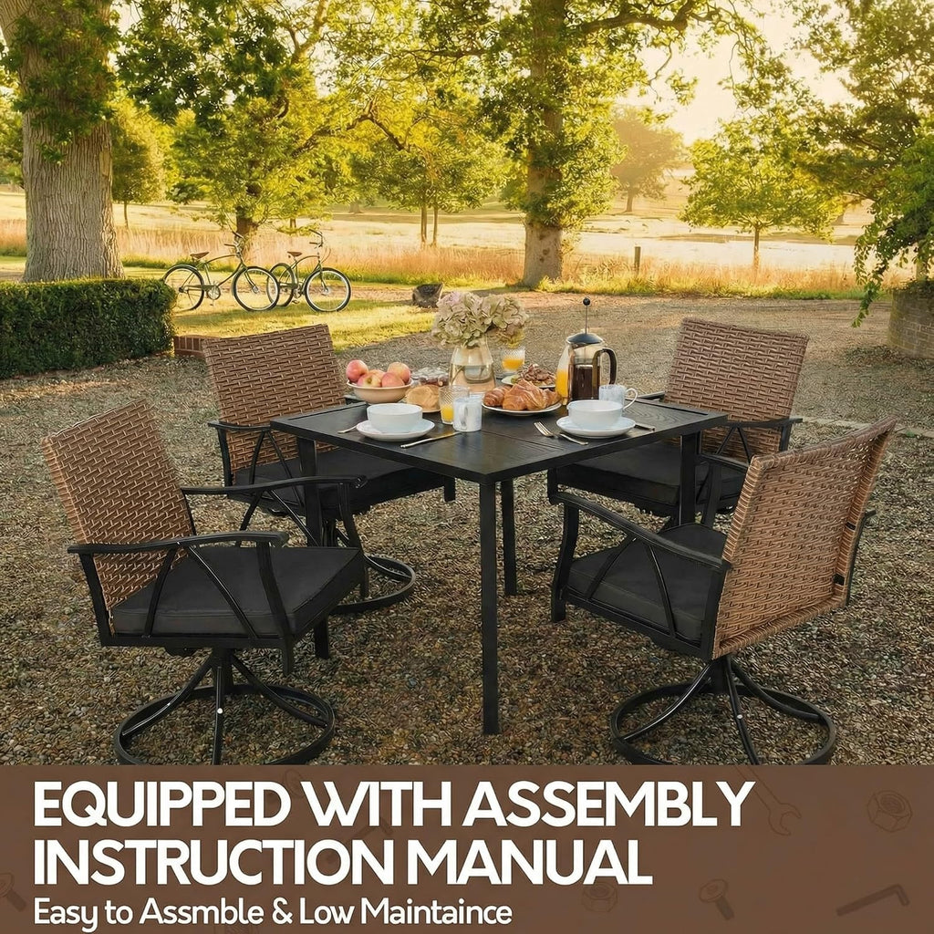 5-Piece Patio Dining Set for 4，Outdoor Dining Set with Wicker Swivel Patio Dining Chairs with Cushions & 1 Black Square Woodgrain Dining Table with 1.75'Market Umbrella Hole, Black & Brown