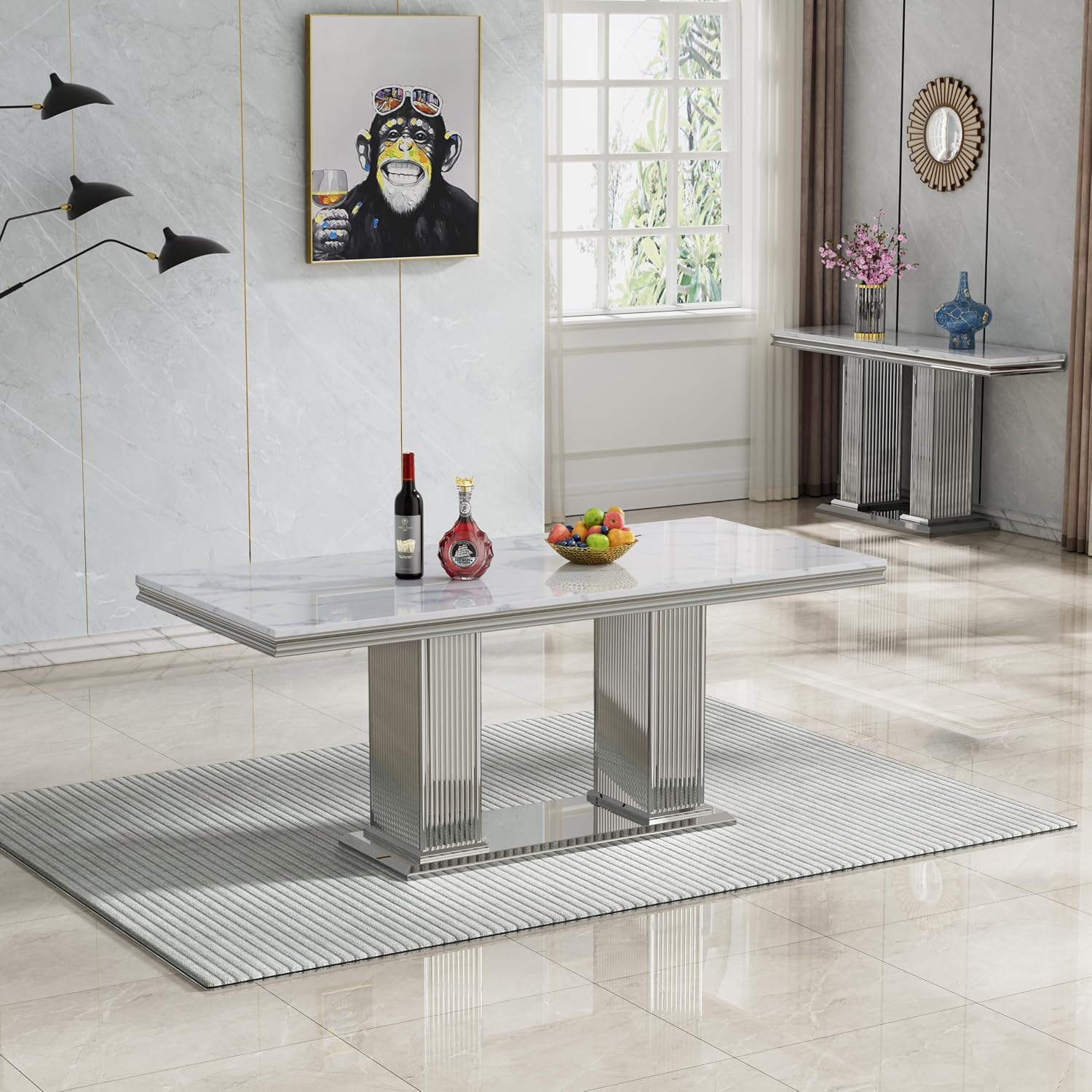 68' White Marble Dining Table for 6 to 8, Luxury Large Rectangular Faux Marble Tabletop & Silver Double Pedestal Base, Mid Century Modern Kitchen Dining Room Table for Dinner Family Gathering