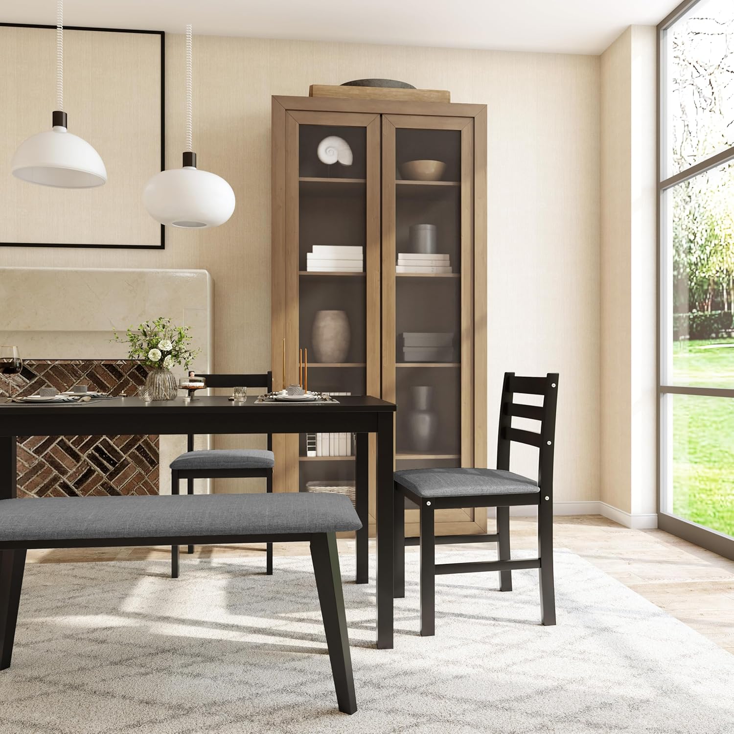 Dining Table Set for 4, Solid Wood Kitchen Table Chairs Set of 4, 43.3' Space-Saving Mid Century Modern Dining Room Table with Chairs and Bench for Kitchen, Living Room,Breakfast Nook, Black