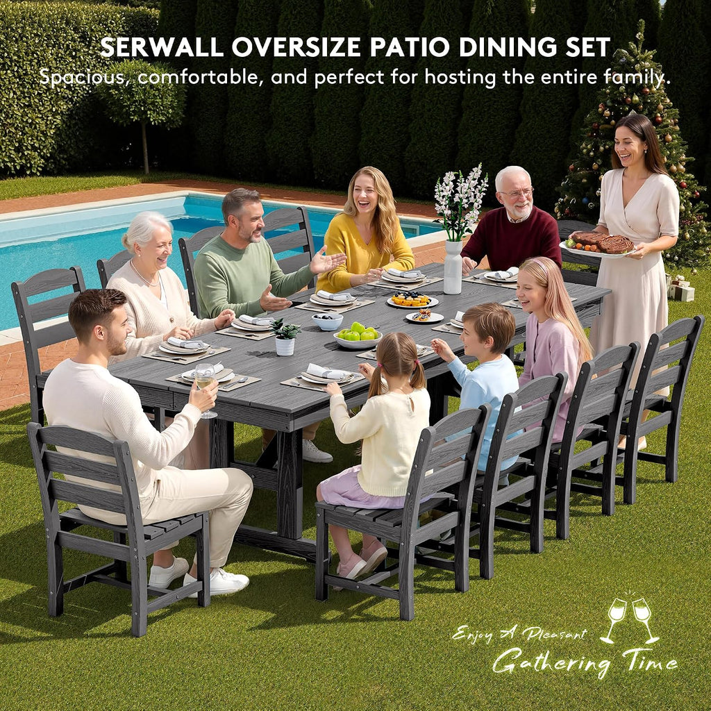 SERWALL Outdoor Dining Table, 84' Rectangular Dining Table for 6-10 Person, All Weather HDPE Outdoor Furniture for Backyard, Garden, Gray