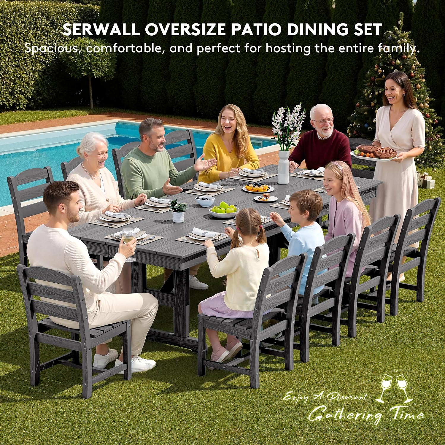 SERWALL Outdoor Dining Table, 84' Rectangular Dining Table for 6-10 Person, All Weather HDPE Outdoor Furniture for Backyard, Garden, Gray