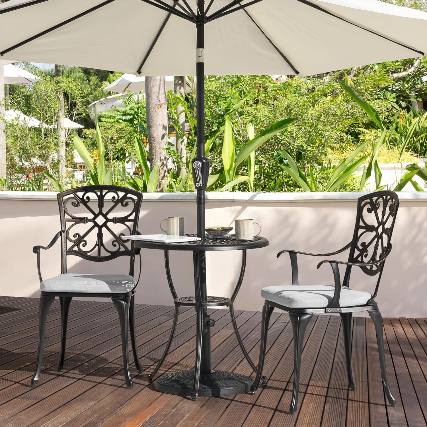 NUU GARDEN Bistro Set 3 Piece Outdoor Cast Aluminum Patio Table and Chairs Set of 2 with Umbrella Hole and Grey Cushions for Backyard, Balcony, Lawn, Black