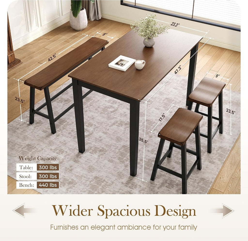 Sophia & William Dining Table Set for 4, Counter Height Table and Chairs, Kitchen Table Set with Bench and 2 Chairs, Small Breakfast Bar Dining Set, Walnut & Black